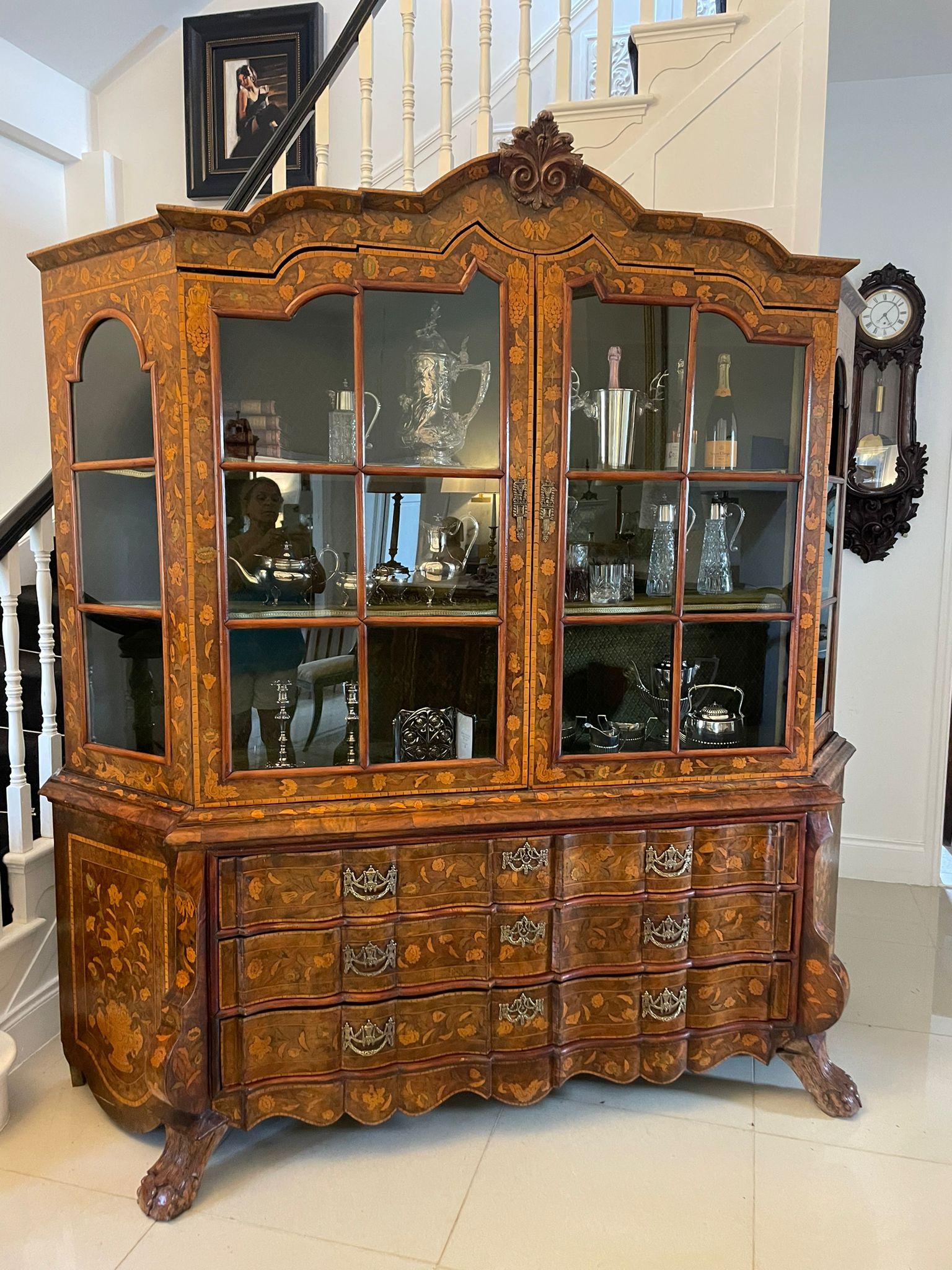 Extremely Large Antique Burr Walnut Floral Marquetry Inlaid Display Cabinet For Sale 6