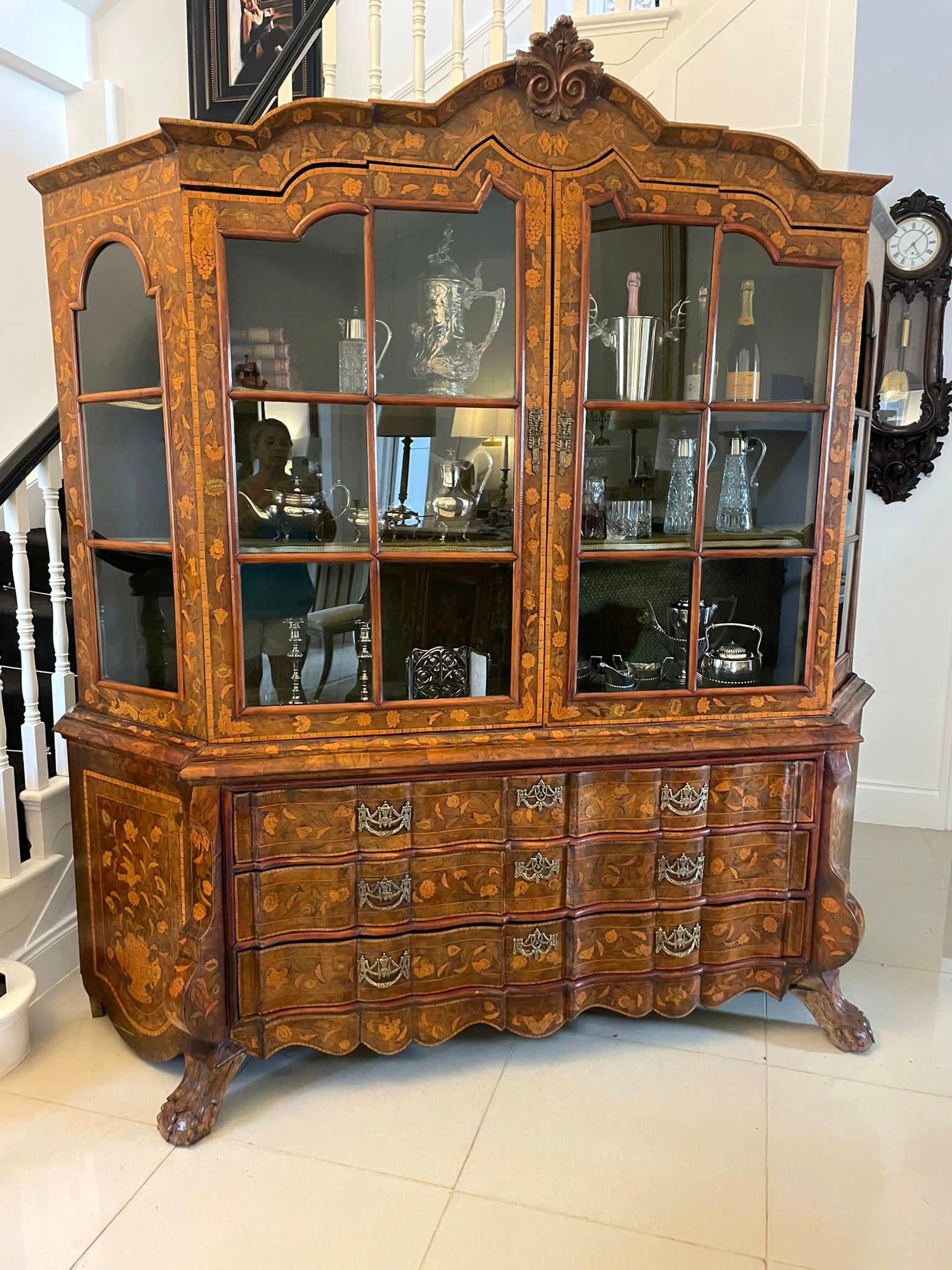 Extremely Large Antique Burr Walnut Floral Marquetry Inlaid Display Cabinet For Sale 9