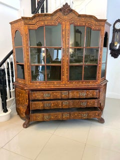 Extremely Large Antique Burr Walnut Floral Marquetry Inlaid Display Cabinet