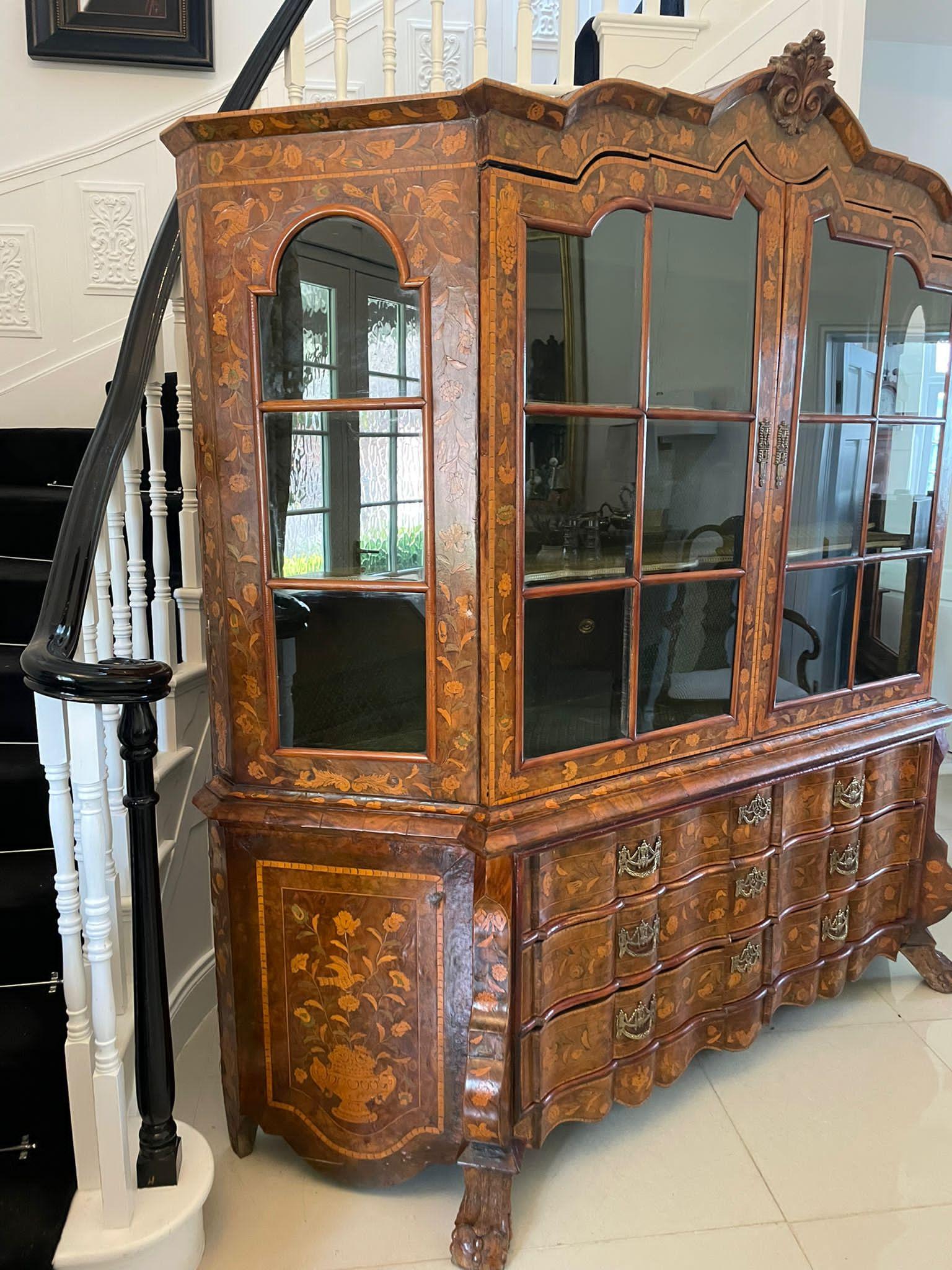 Inlay Extremely Large Antique Burr Walnut Floral Marquetry Inlaid Display Cabinet For Sale