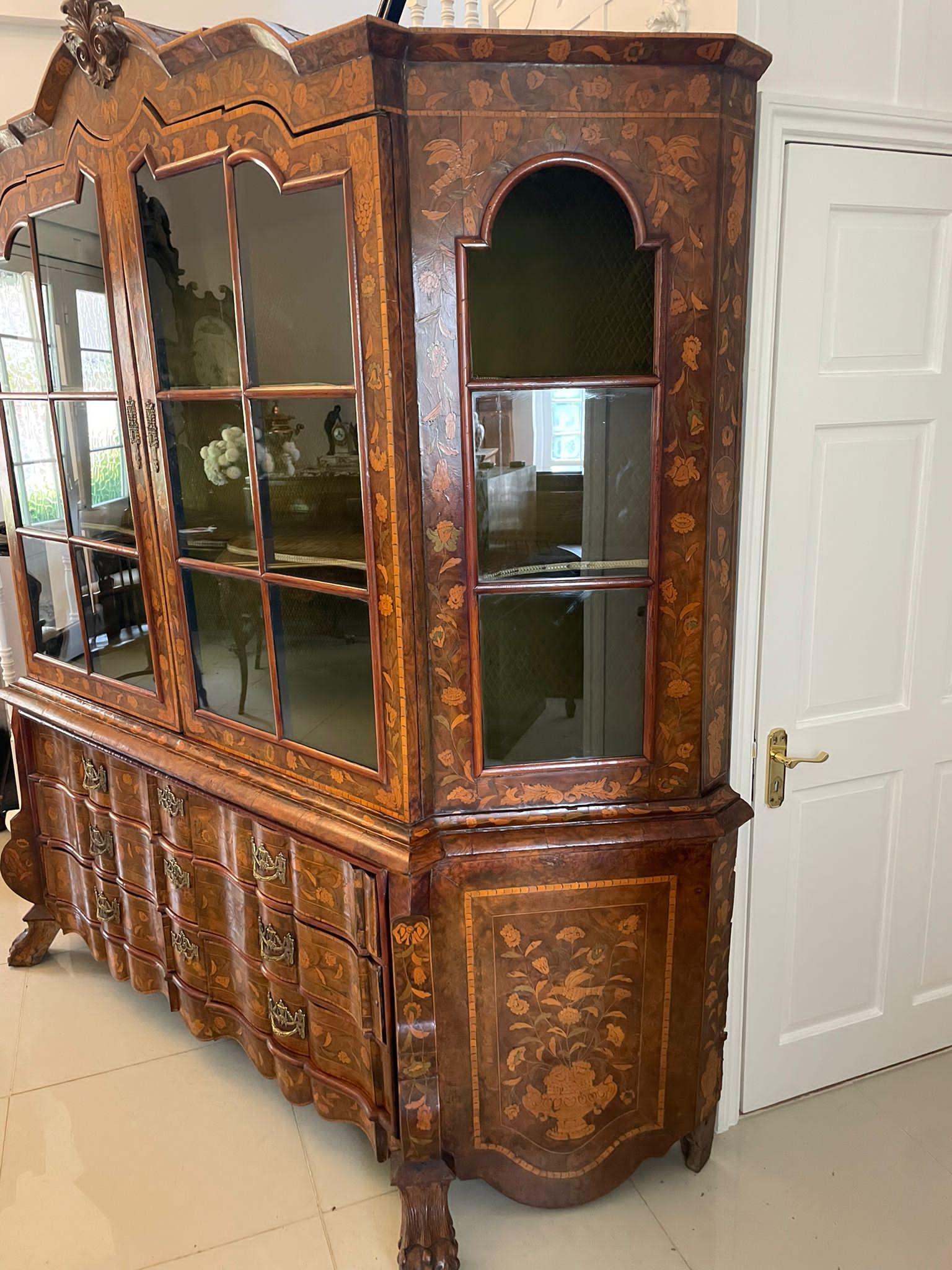Extremely Large Antique Burr Walnut Floral Marquetry Inlaid Display Cabinet In Good Condition For Sale In Suffolk, GB