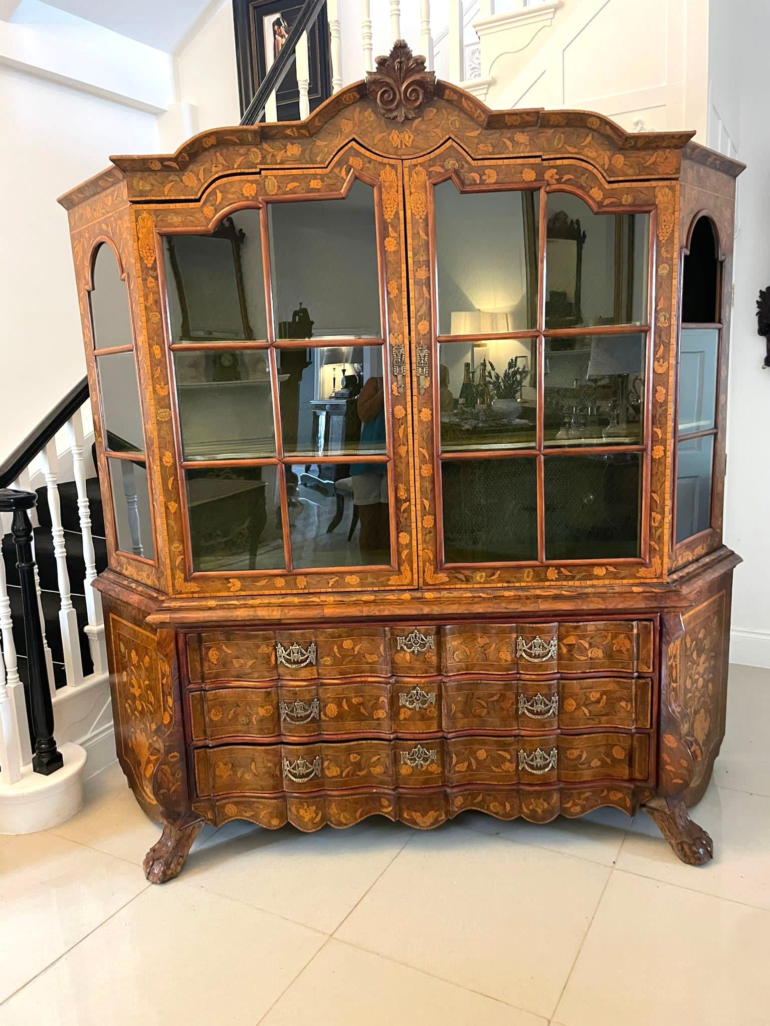 19th Century Extremely Large Antique Burr Walnut Floral Marquetry Inlaid Display Cabinet For Sale