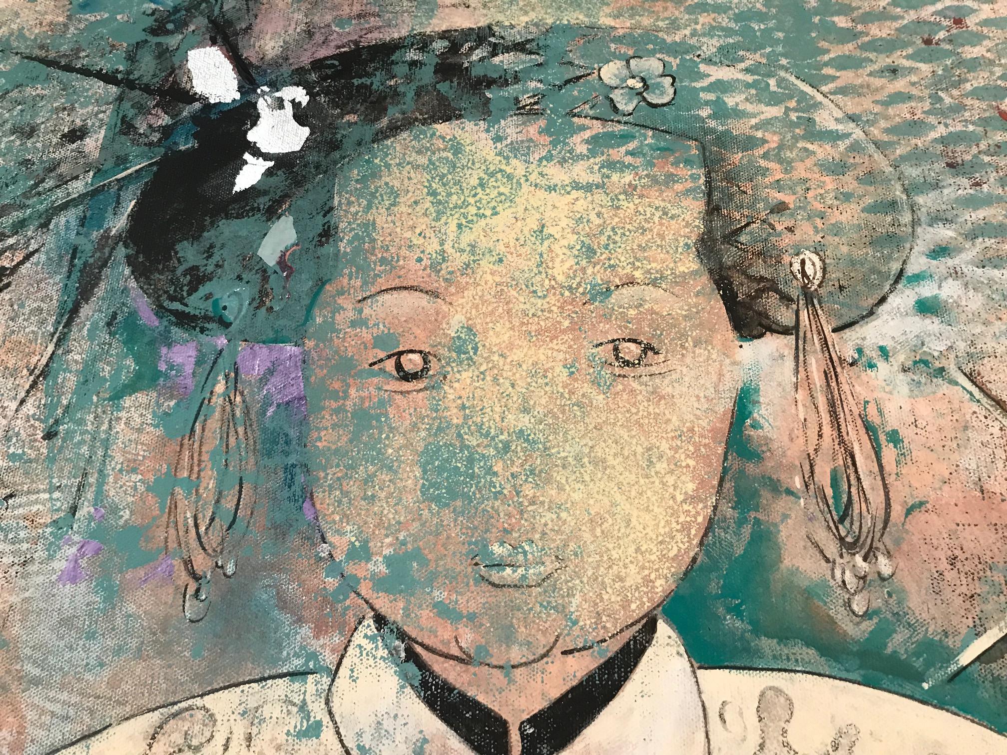 A fascinating and extremely large mixed-media painting by renowned artist Philip Standish read, famous for mural painting and Venetian fantasy gouaches. This striking portrait is of a mysterious Asian geisha and has layers of textured pastel paint