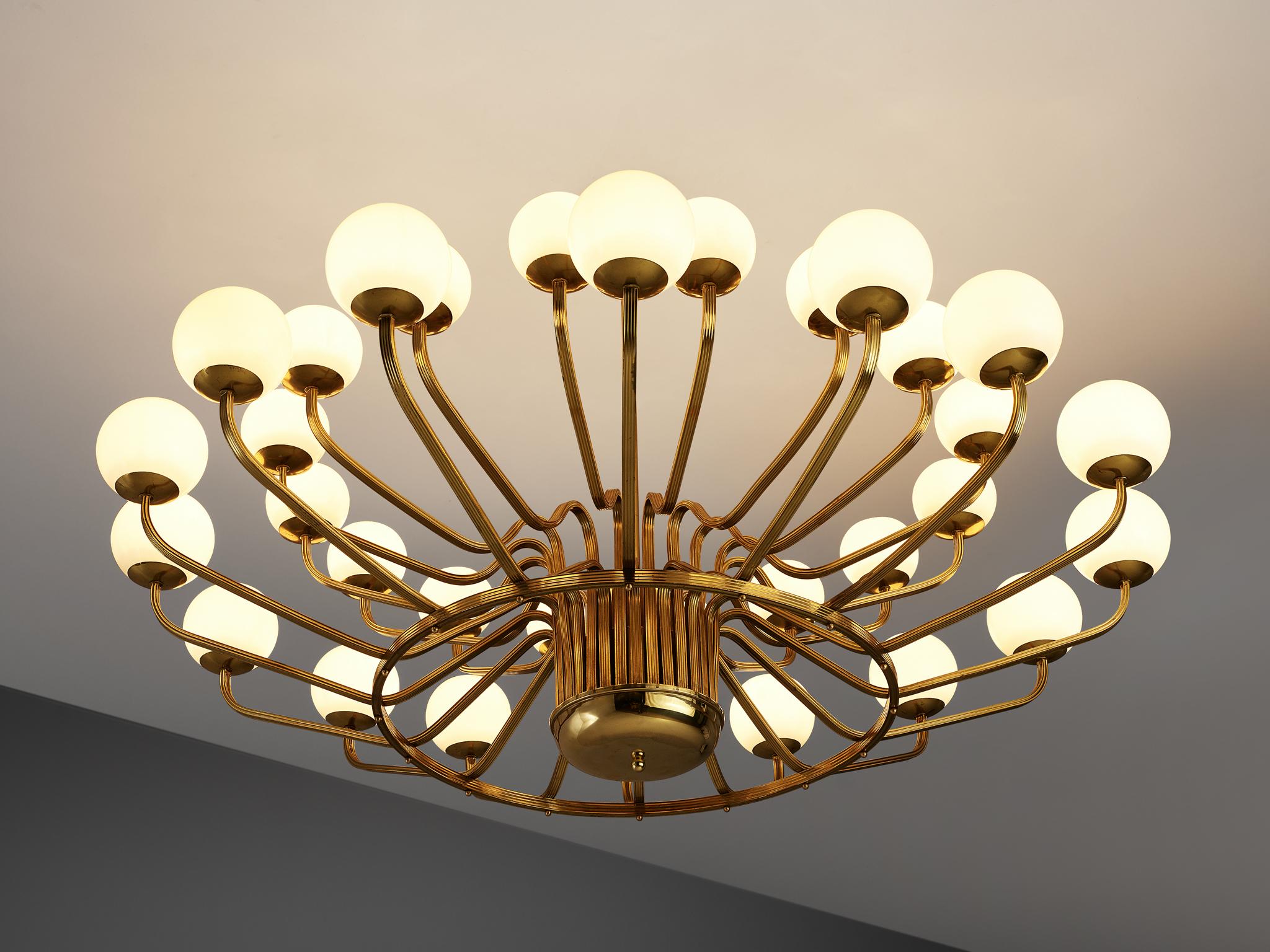 Mid-Century Modern Extremely Large Chandelier in Brass and Art-Glass Spheres