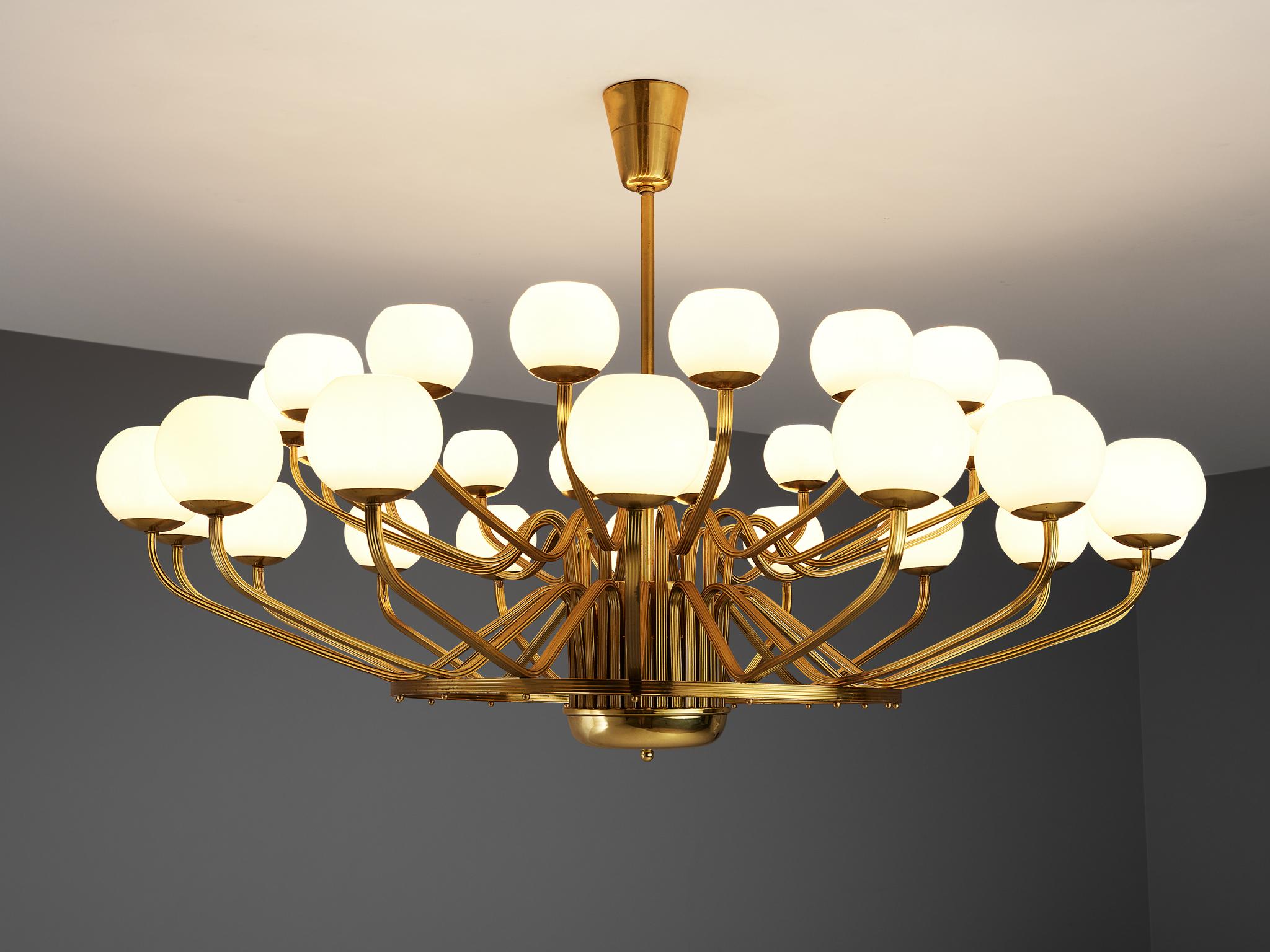 European Extremely Large Chandelier in Brass and Art-Glass Spheres