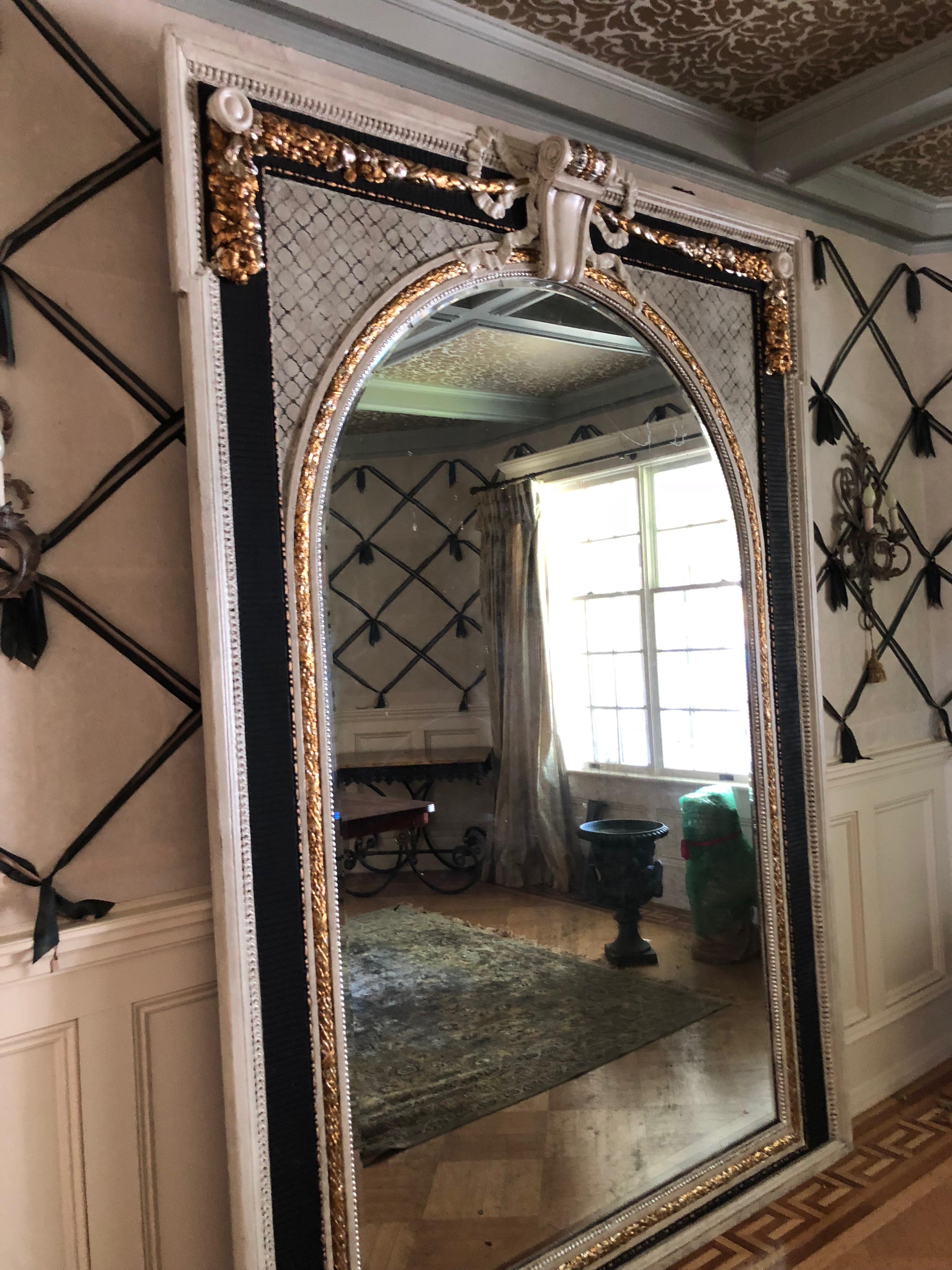Extremely Large Elegant French Louis XVI Style Hand Painted Carved Wood Mirror In Excellent Condition In Hopewell, NJ