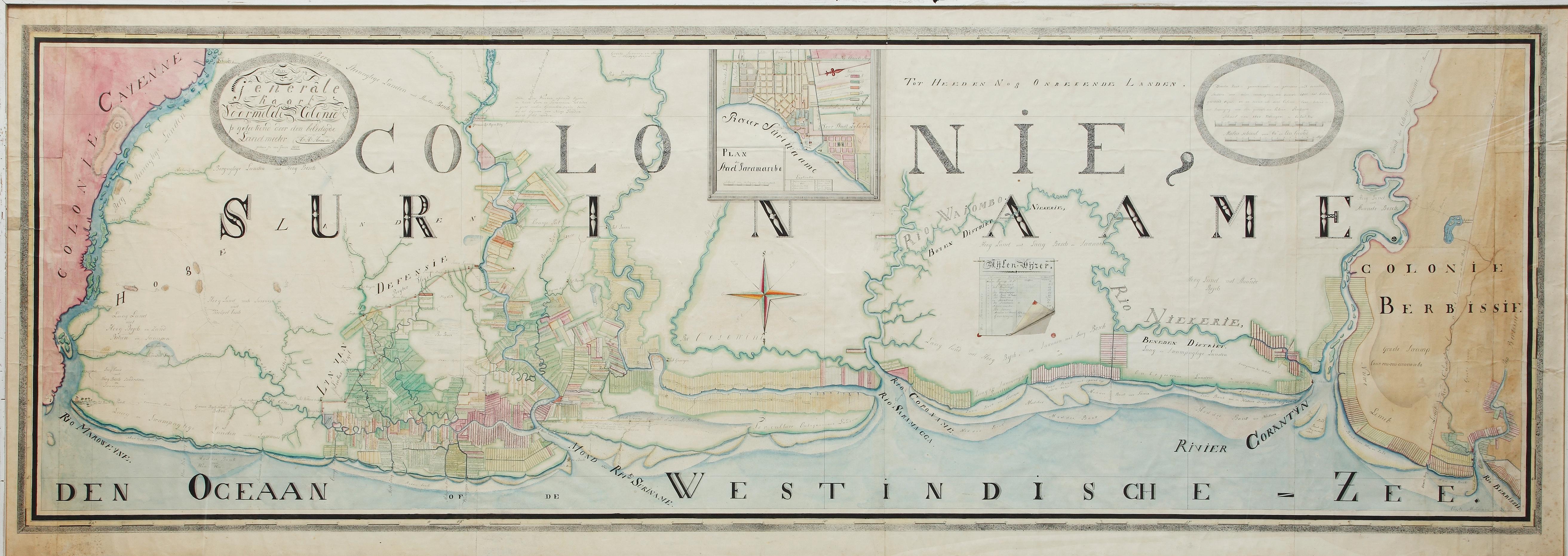 A unique large hand-drawn map of Surinam by Albrecht Helmut Hiemcke (German, 1760-1839)

?

'Colonie Surinaame', 1830

A large hand-drawn and coloured map of the colony of Surinam titled “Deze Generale kaart der vermelde colonie is getekend