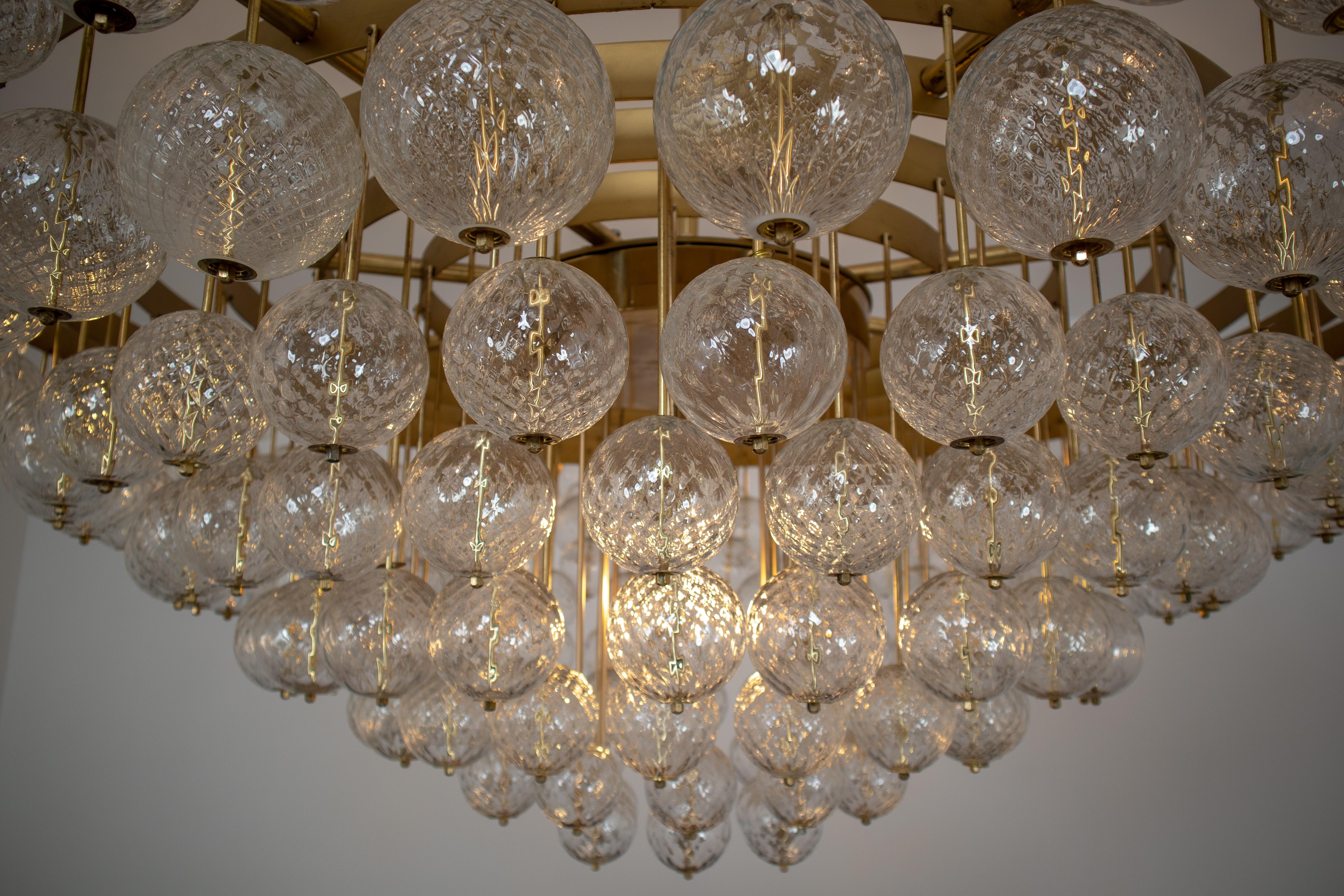 Extremely Large Hotel Chandelier with Brass Fixture and Structured Glass Globes 8