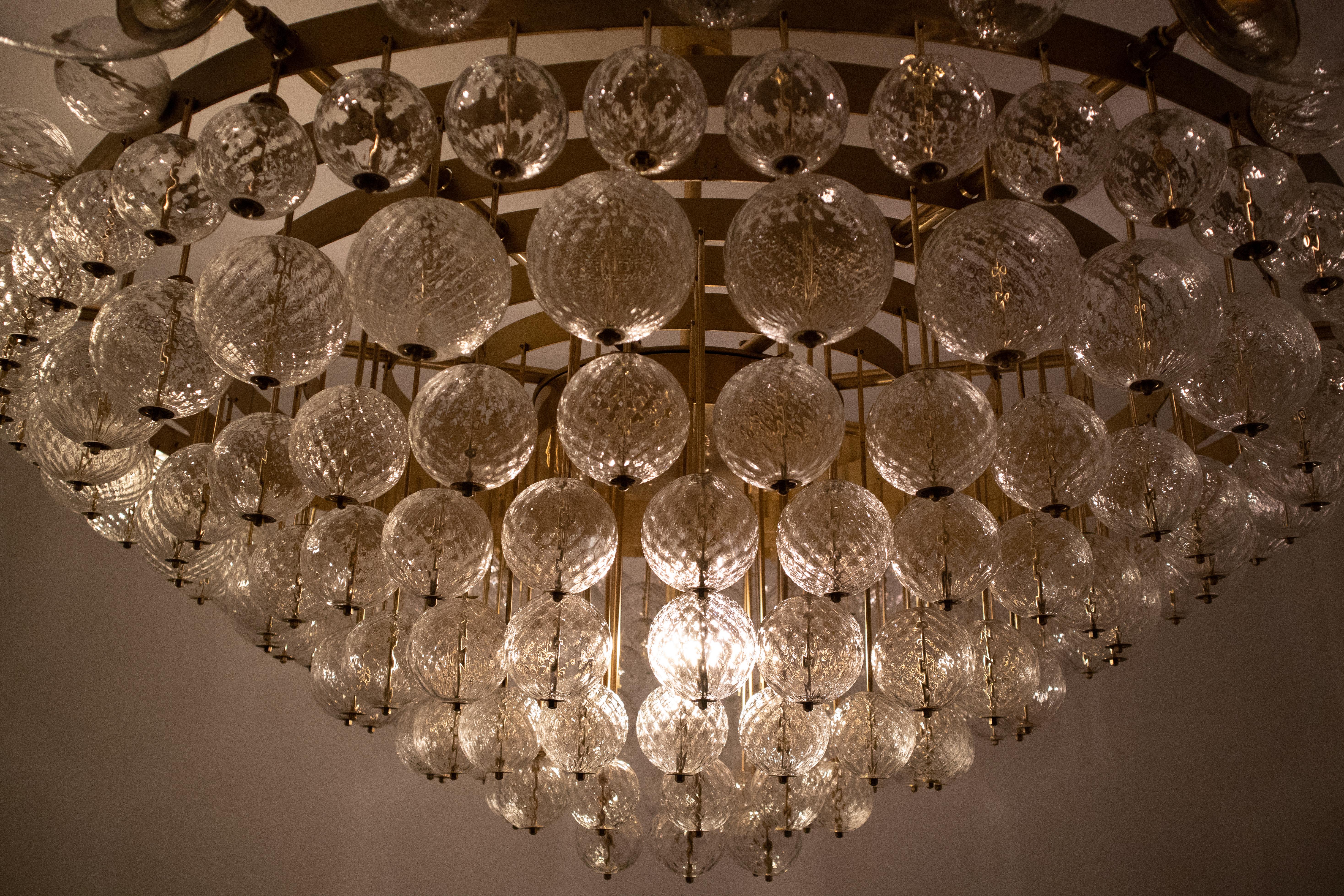Austrian Extremely Large Hotel Chandelier with Brass Fixture and Structured Glass Globes