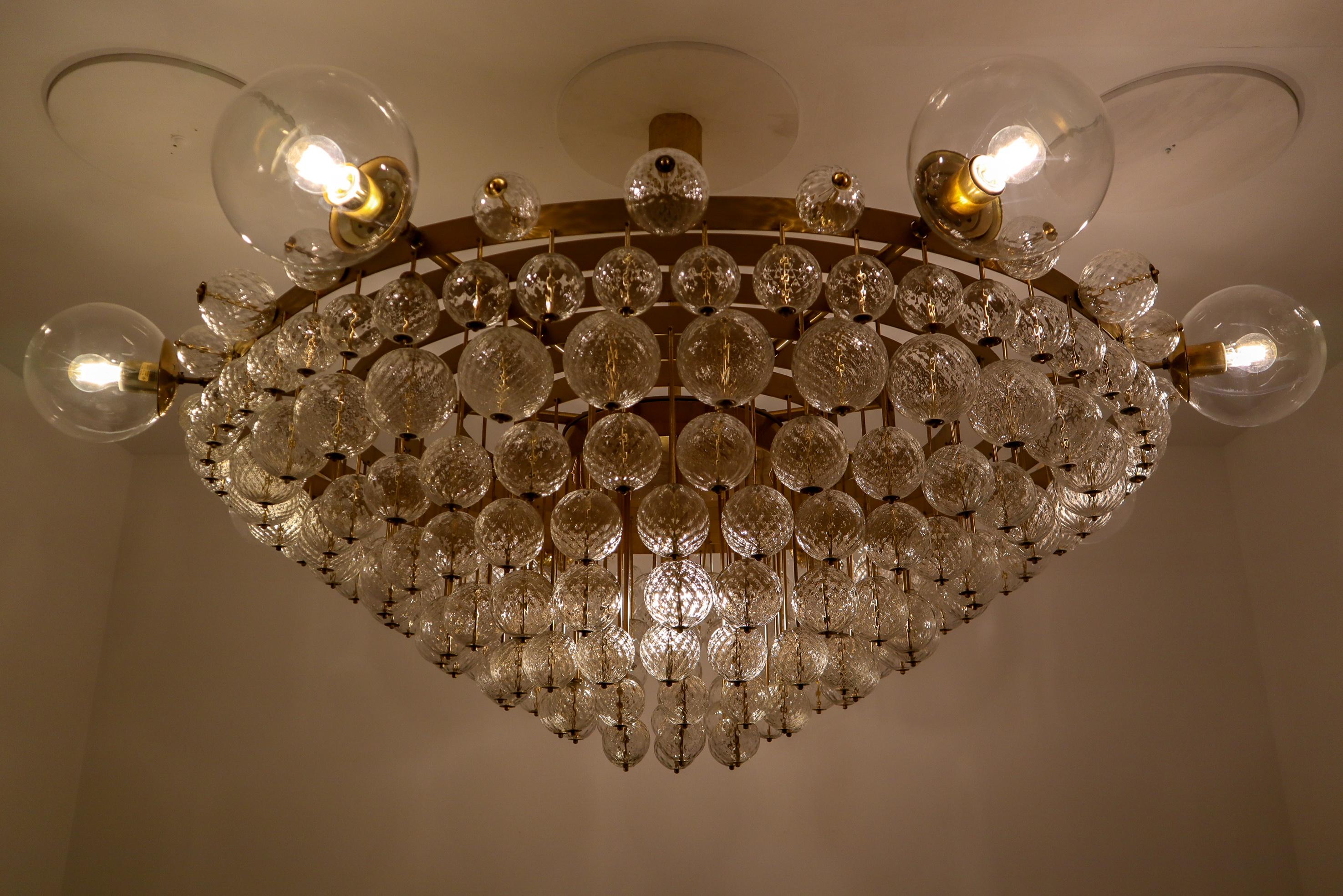 Extremely Large Hotel Chandelier with Brass Fixture and Structured Glass Globes 1