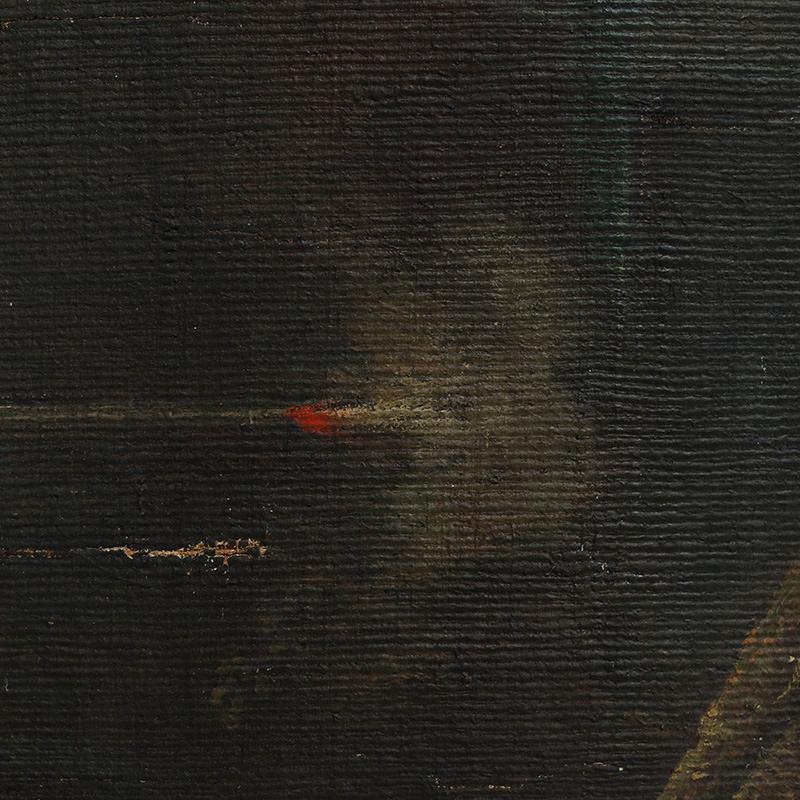 Dieses beeindruckende, monumentale Gemälde aus dem frühen 19. Jahrhundert (ca. 1810-1840) ist ein bemerkenswertes Wandkunstwerk. Es ist in Öl auf dicker Leinwand gemalt und zeigt eine stimmungsvolle Jagdszene mit Soldaten, Musketen und Wild. Die