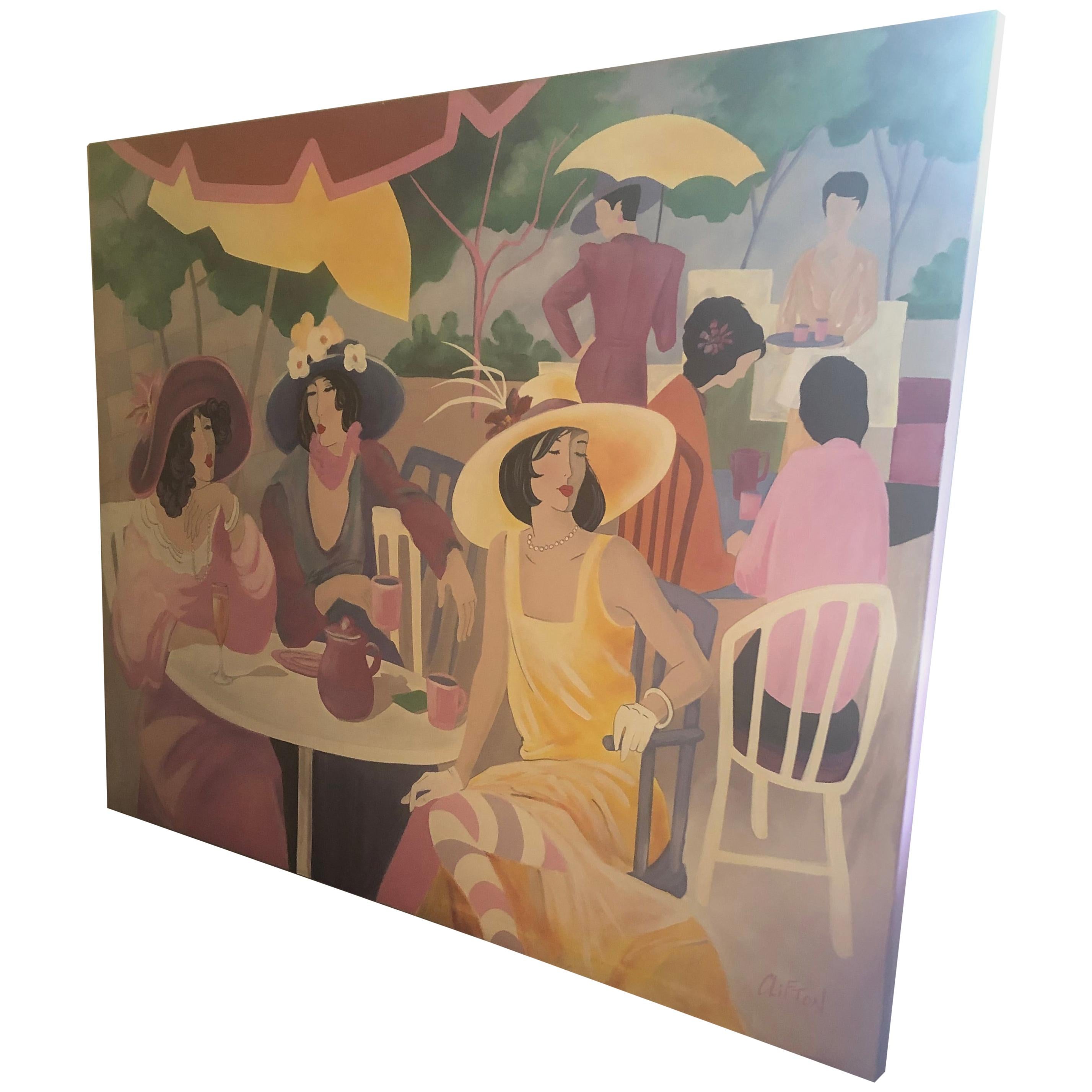 Extremely Large Original Painting on Canvas of Lunching Ladies