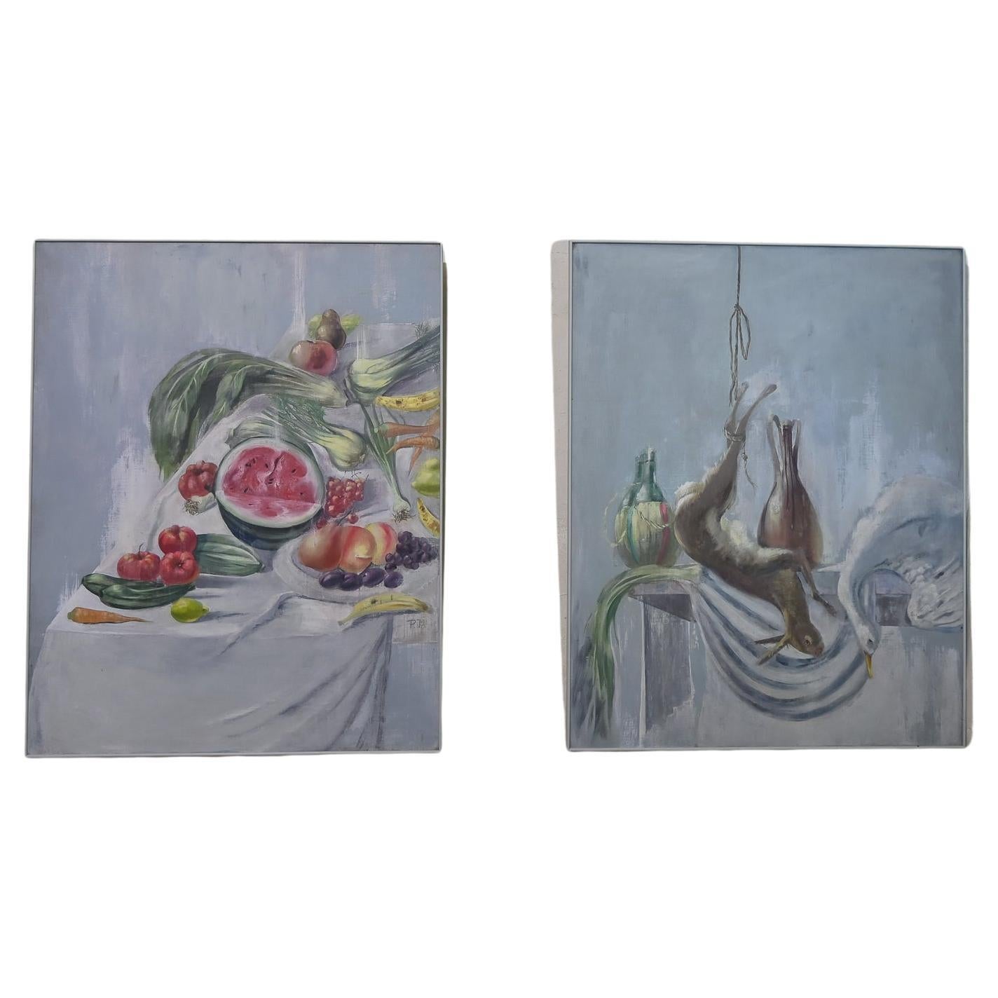 Extremely Large Pair Of Decorative Colourful Oil On Canvas Still Life Paintings