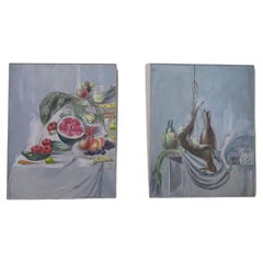 Extremely Large Pair Of Decorative Colourful Oil On Canvas Still Life Paintings