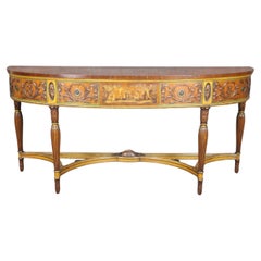Extremely Large Satinwood Adams Painted Decorated Demilune Console Sideboard