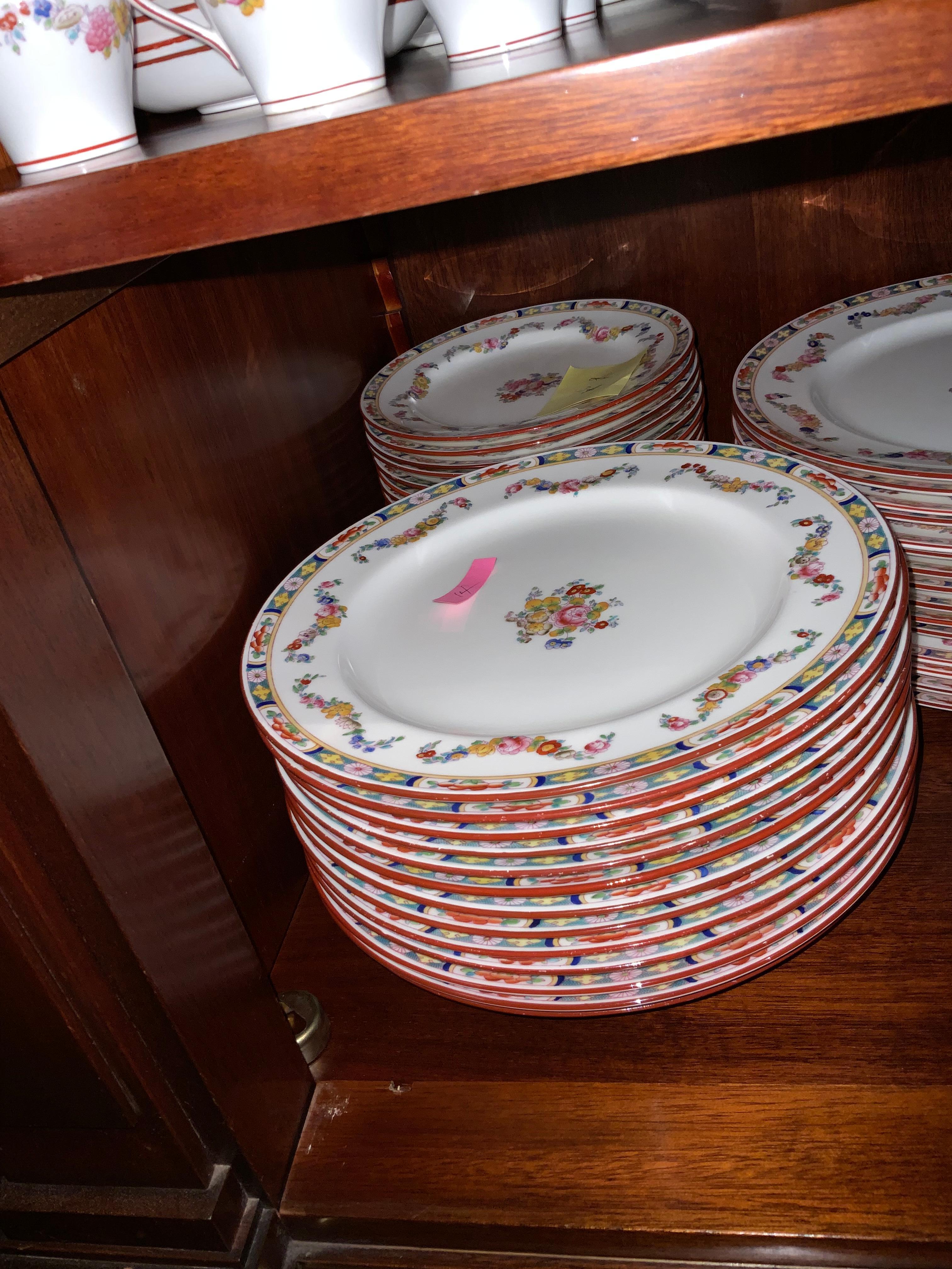 This set is comprised of several sets of the same pattern! Great for large parties 
65 dinner plates,
33 luncheon plates
56 dessert plates
53 bread and butter plates
19 fruit bowls
4 dessert bowls
6 large soup bowls
17 medium soup bowls
3