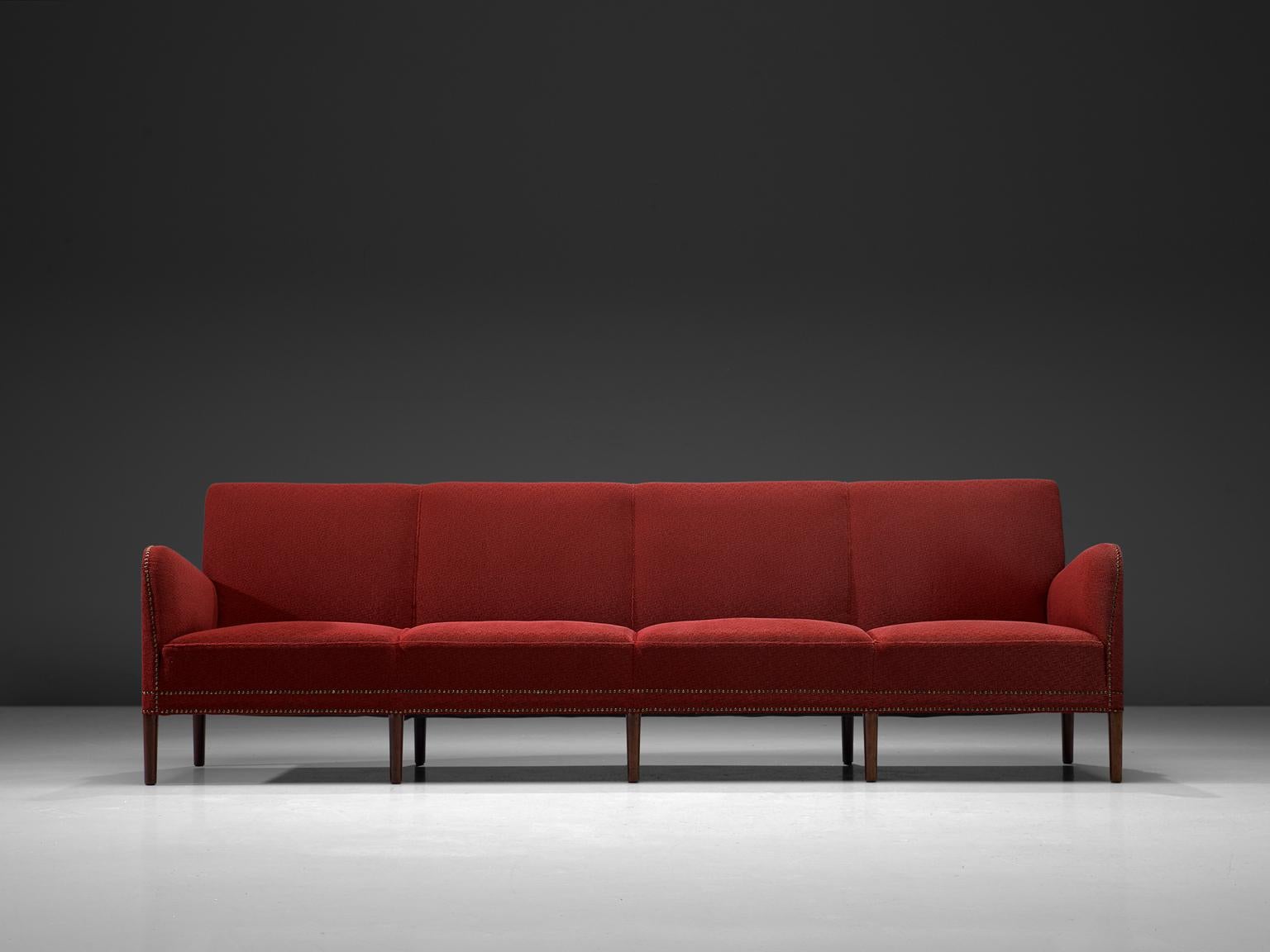 Mid-Century Modern Extremely Large Sofa in Red Fabric by Danish Cabinetmaker
