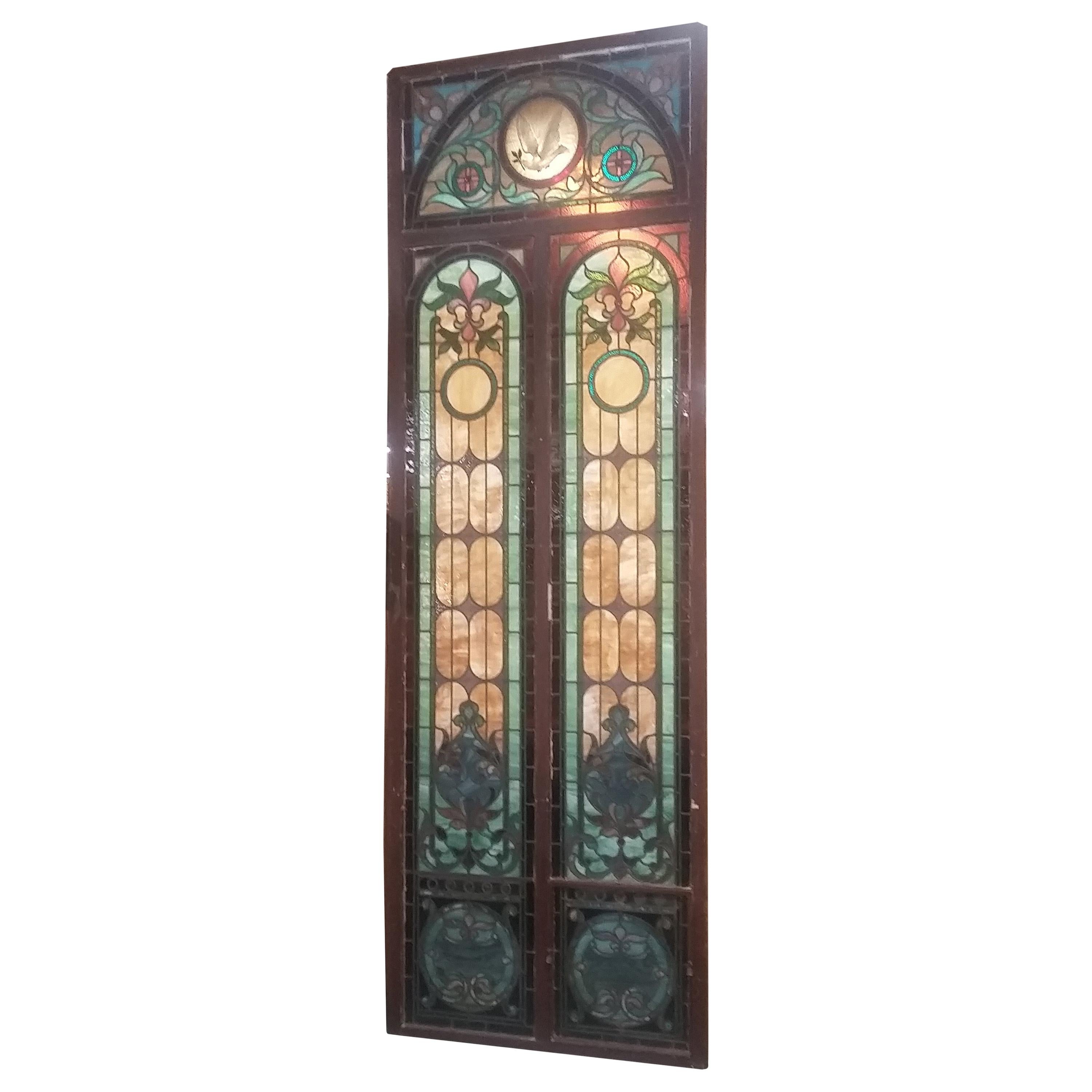 Vintage Stained Glass Transom Window with Rare Red Glass and Red Jewel
