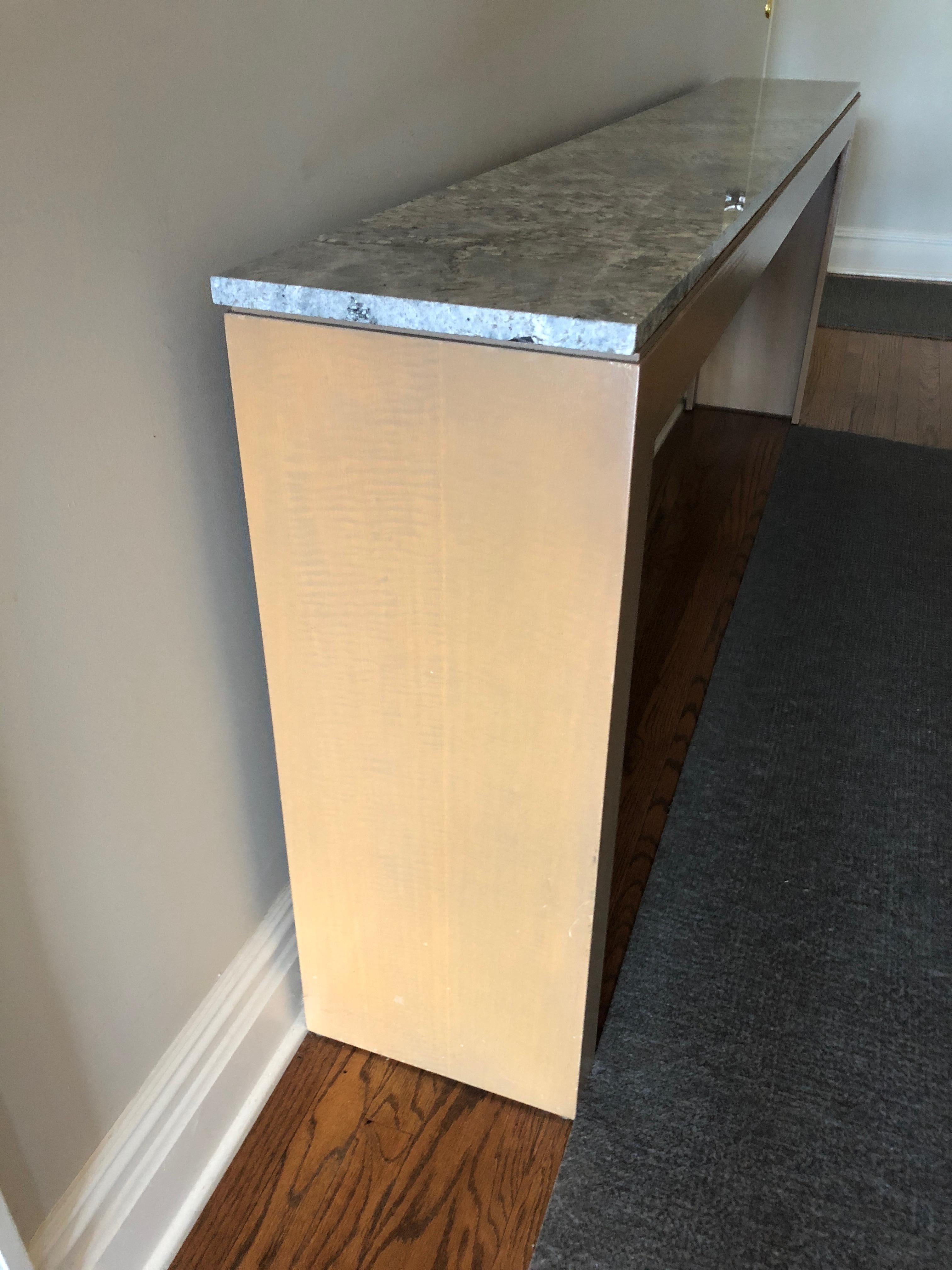 Extremely Long and Narrow Custom Sleek Modern Birch and Marble Console Table In Excellent Condition In Hopewell, NJ