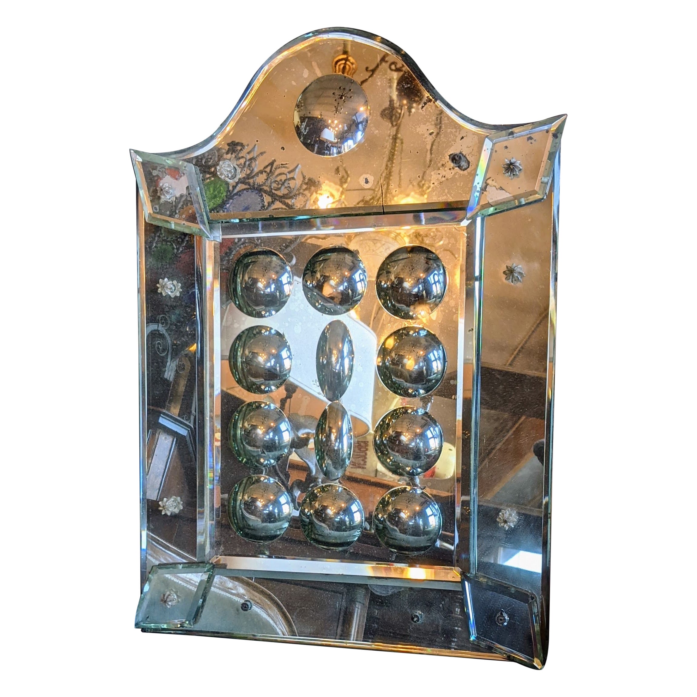 Extremely Rare 1920s Venetian Art Deco Bubble Mirror, with Beveled Mirror Frame For Sale