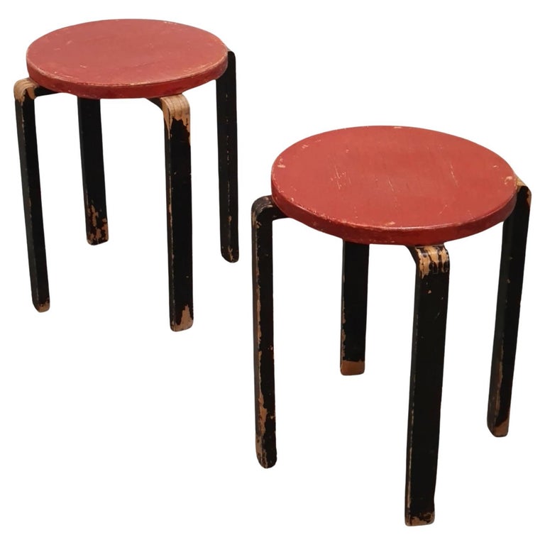 Rare Alvar Aalto 4 Legged Stools E60 Wartime Version in Red and 