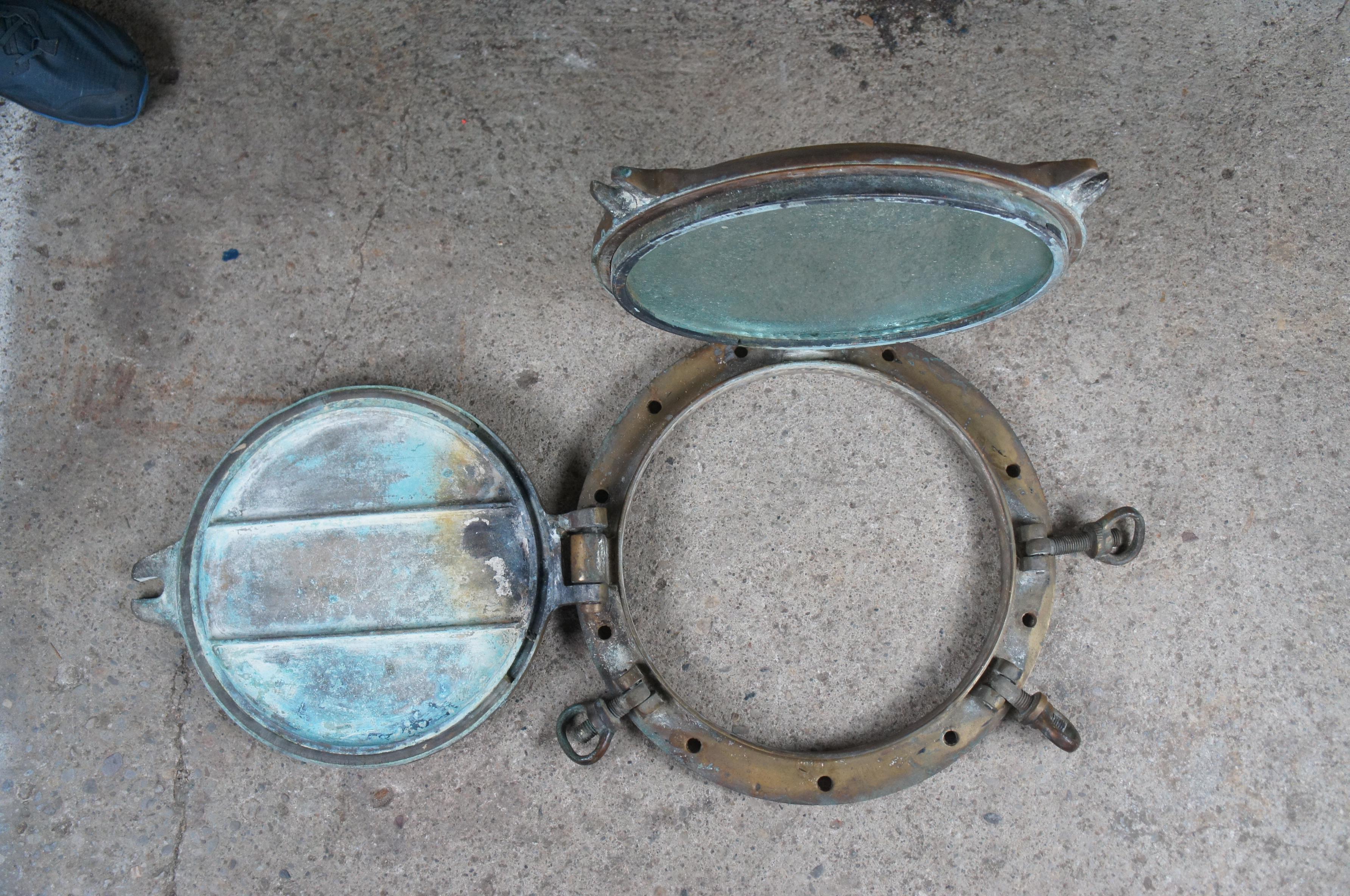Extremely Rare Antique Solid Brass Maritime Ships Porthole Storm Cover Window In Fair Condition For Sale In Dayton, OH