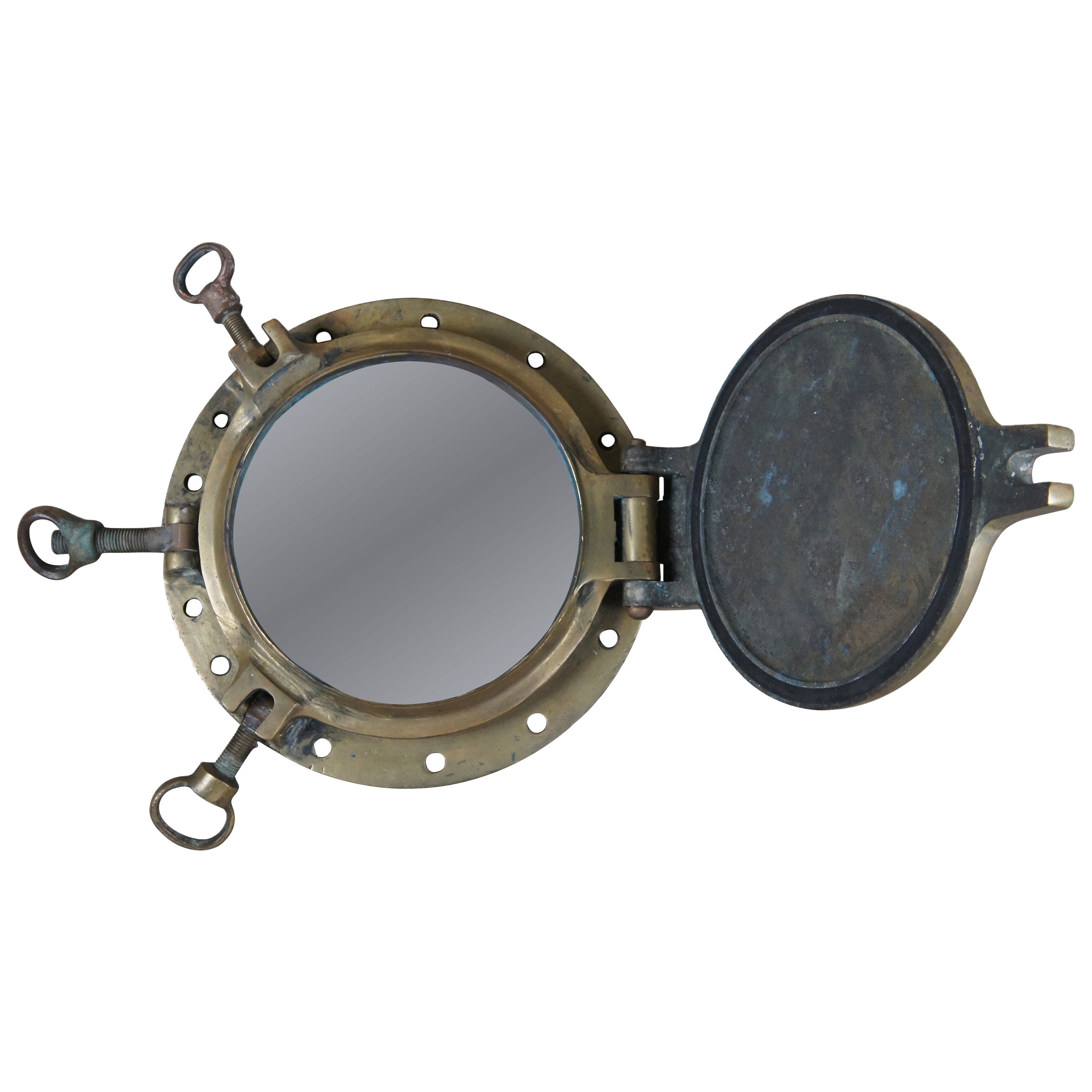 Extrêmement rare Antique Solid Brass Maritime Ships Porthole Storm Cover Window (Fenêtre de hublot de navire en laiton massif)
