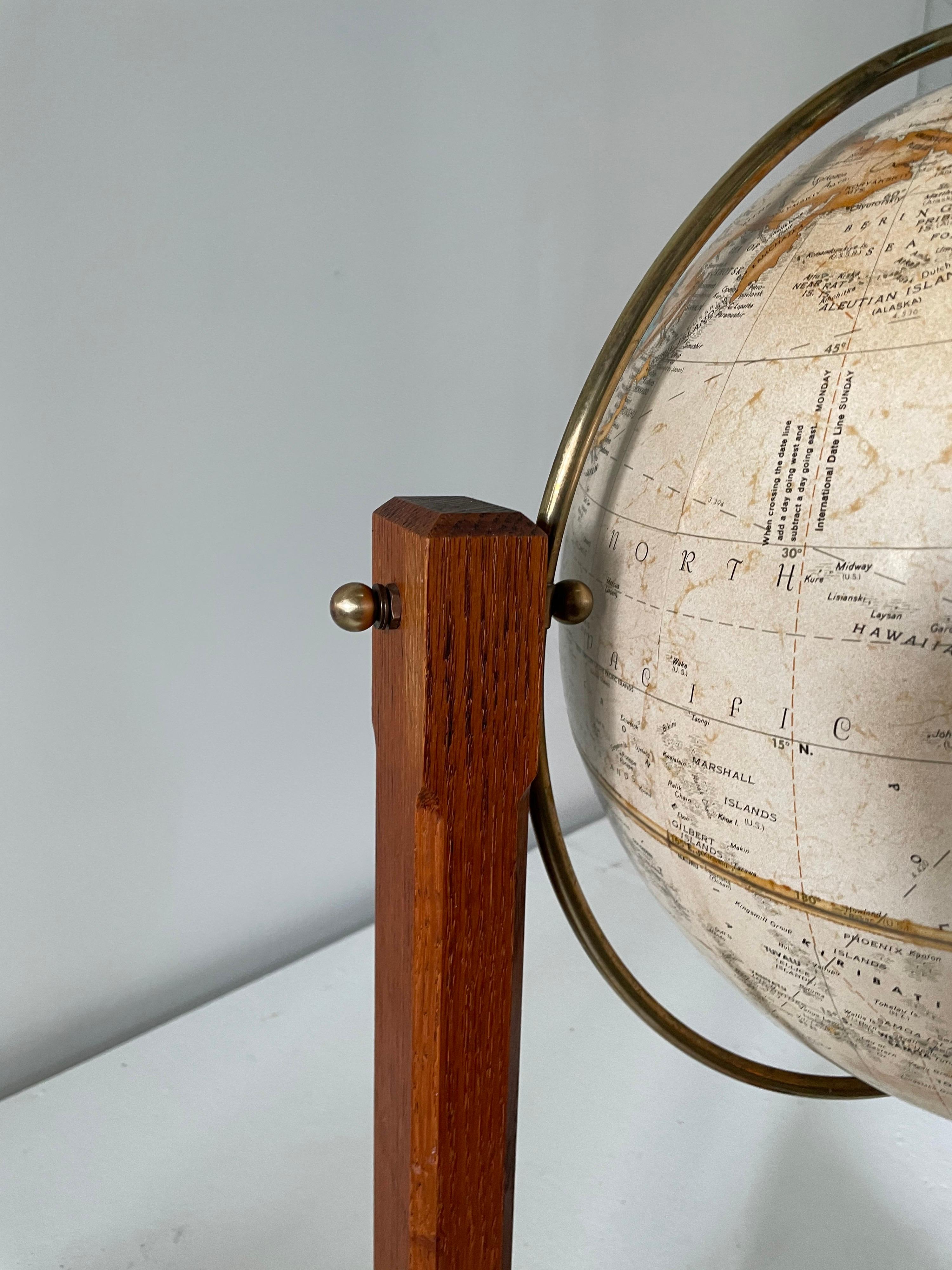 Extremely Rare Cantilevered Style Teak & Brass World Globe For Sale 2