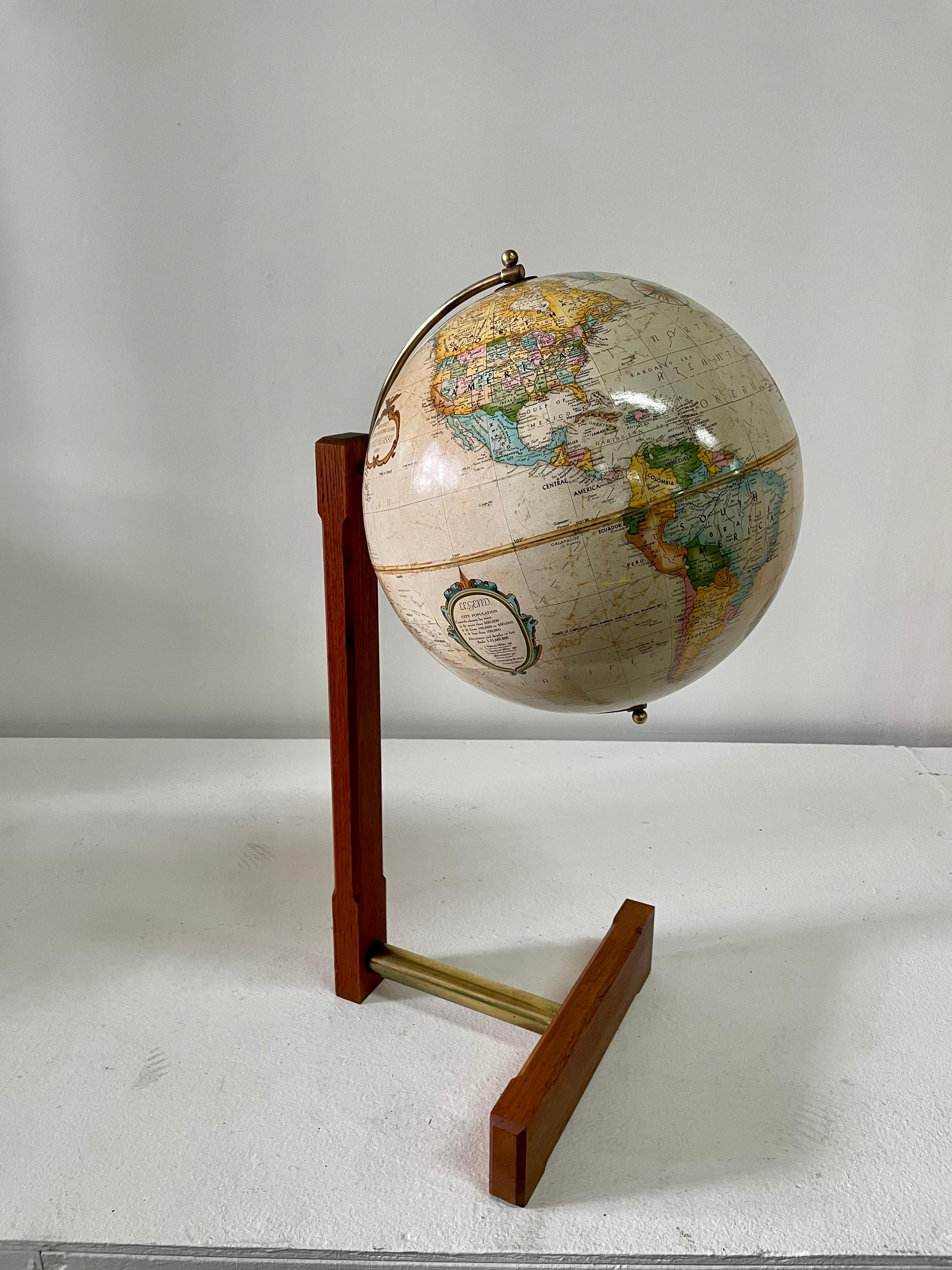 American Extremely Rare Cantilevered Style Teak & Brass World Globe For Sale