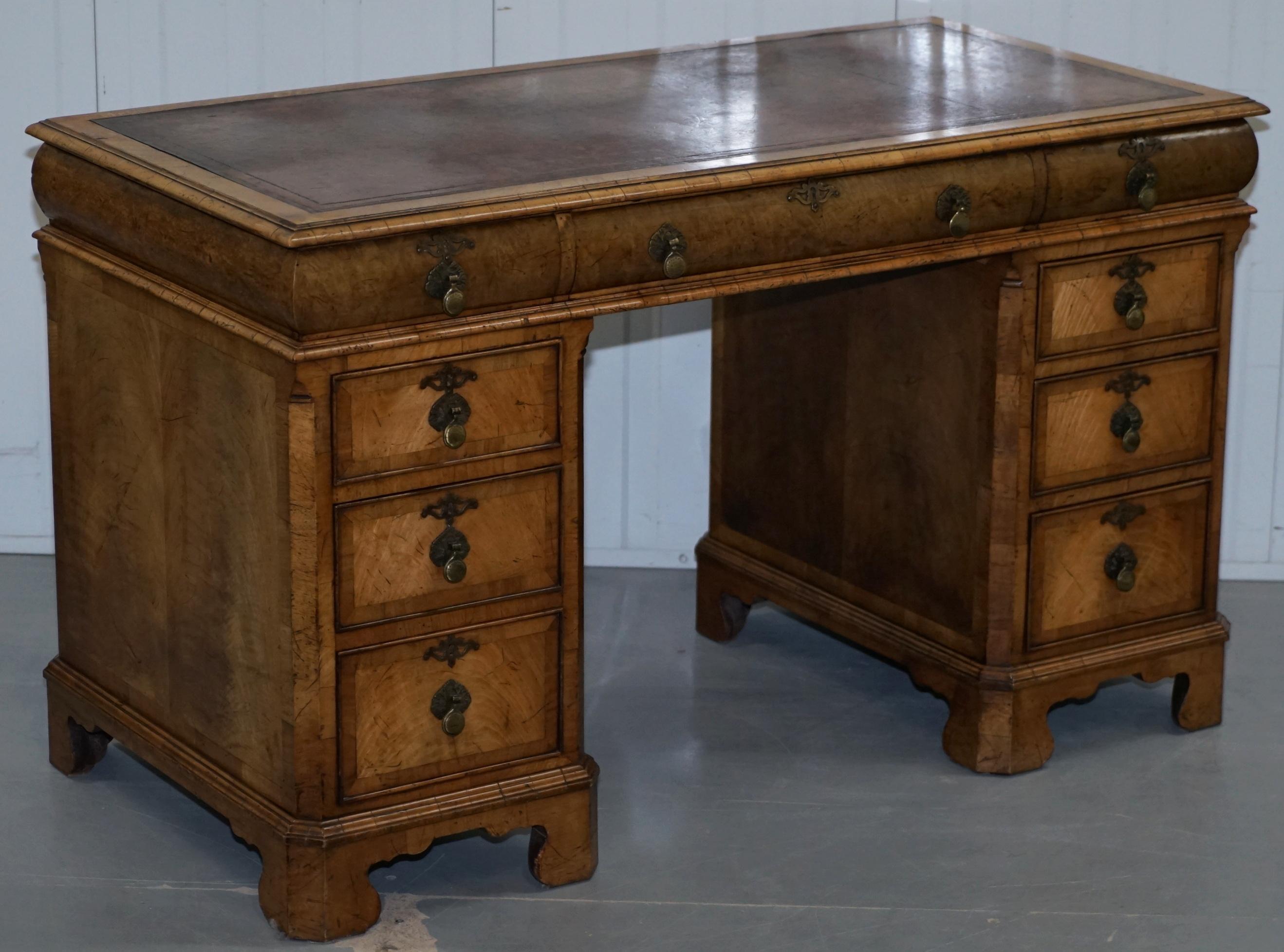 English Extremely Rare circa 1815 Regency Solid Burr Walnut Cushion Drawer Pedestal Desk