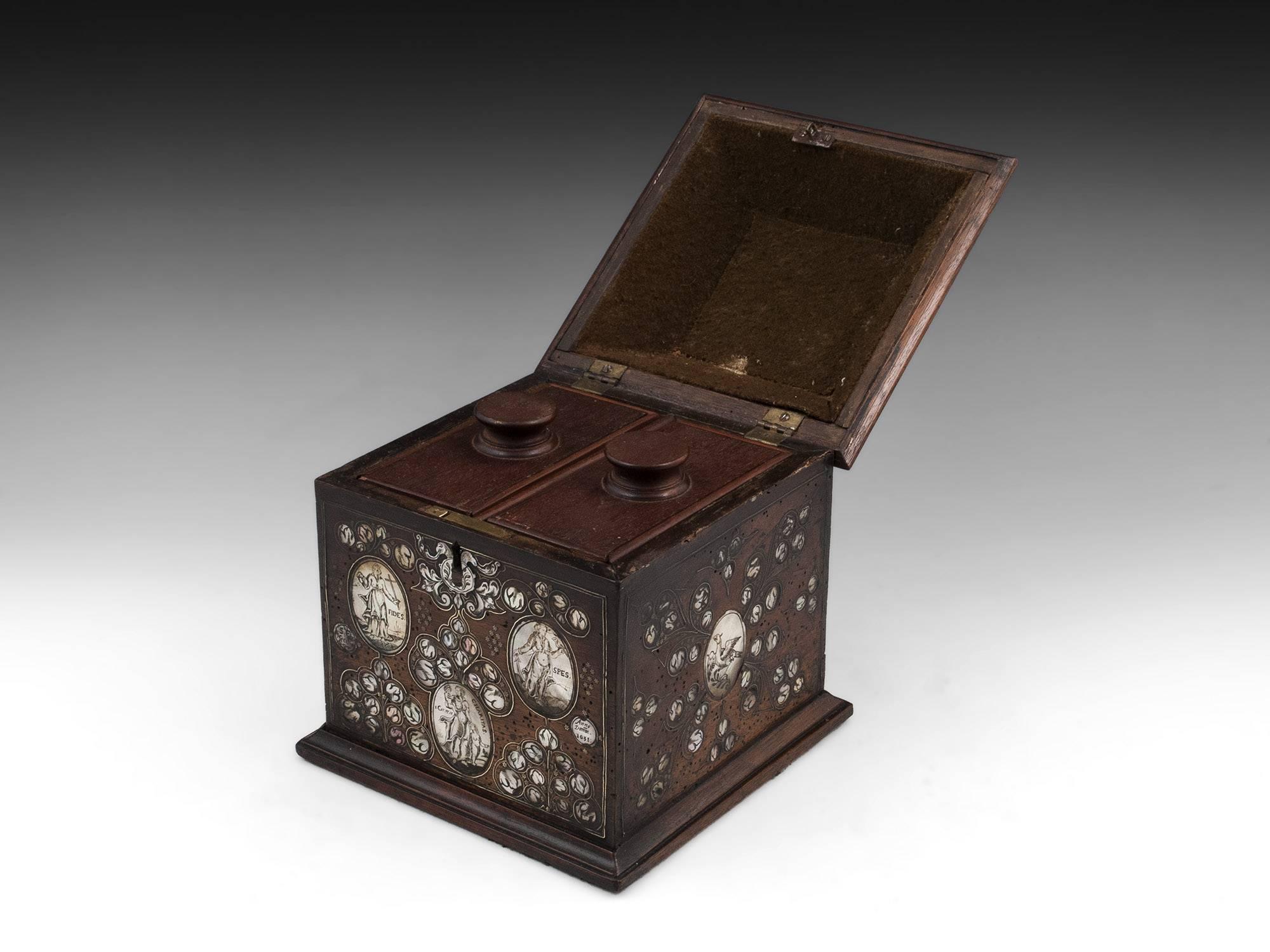 Extremely Rare Continental Antique Walnut Tea Chest 17th Century In Good Condition In Northampton, United Kingdom