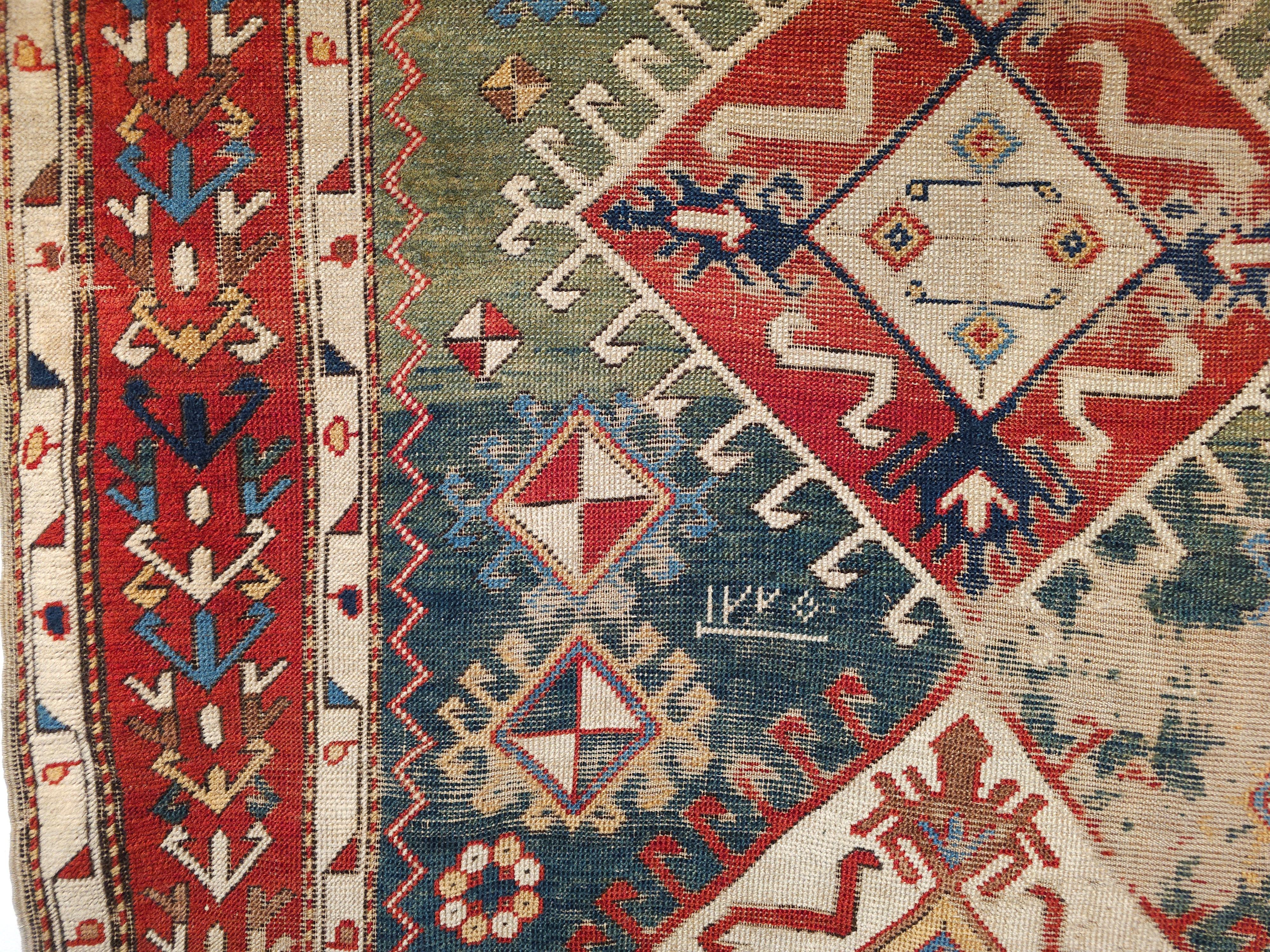 Early 1800s Square Size Caucasian Shirvan Rug in Green, Yellow, Blue, Red, Ivory For Sale 3