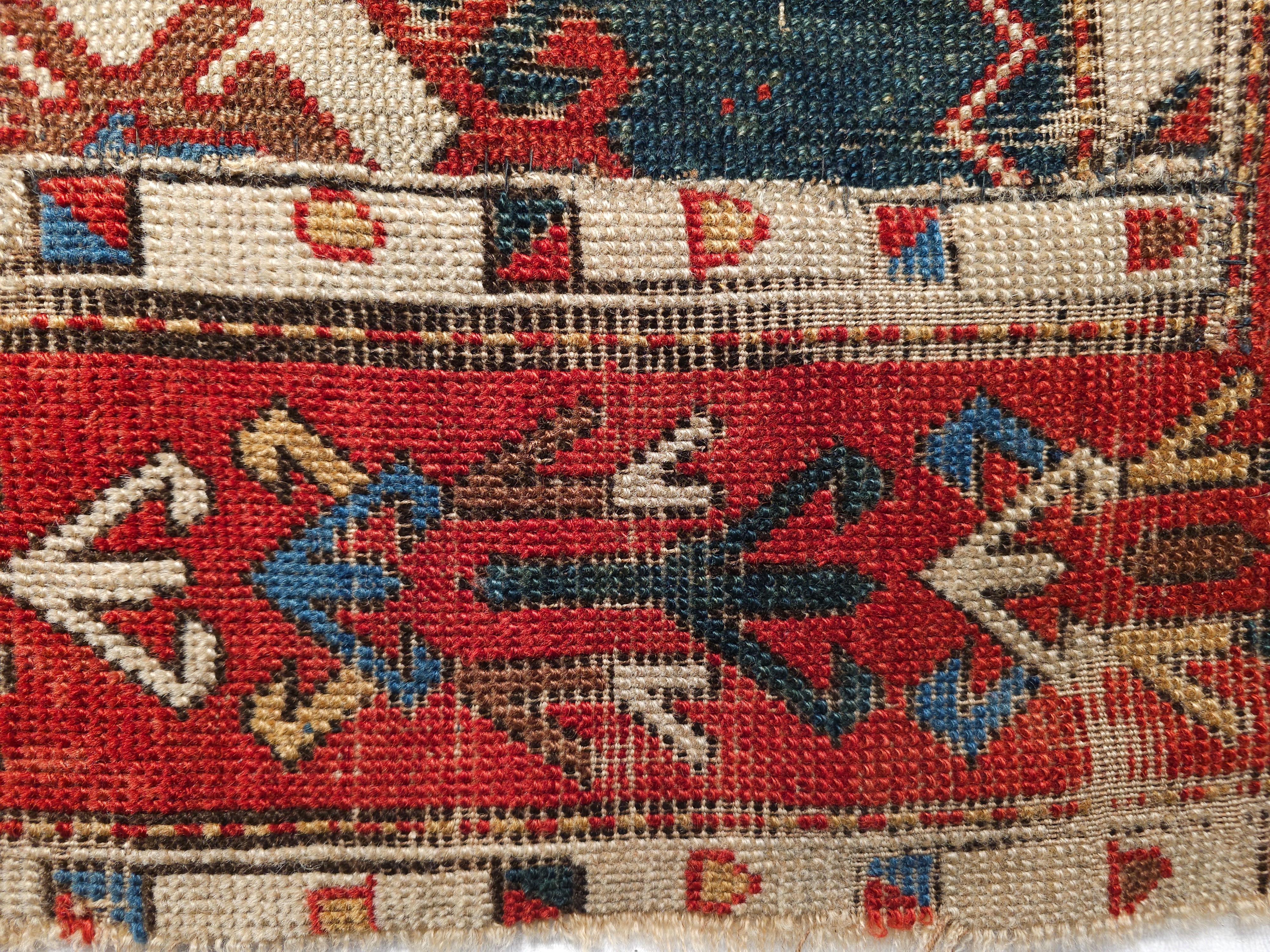 Early 1800s Square Size Caucasian Shirvan Rug in Green, Yellow, Blue, Red, Ivory For Sale 6