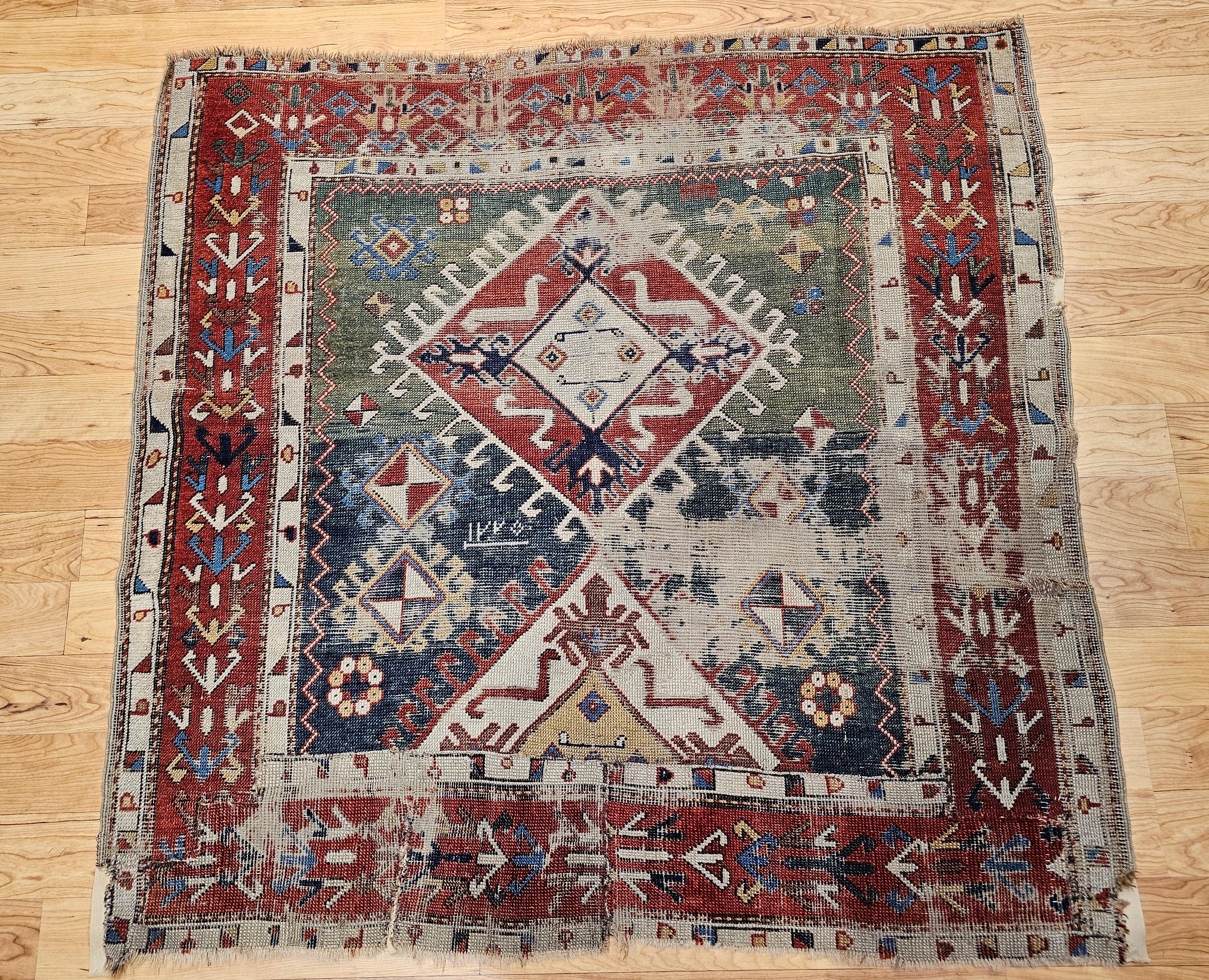 Early 1800s Square Size Caucasian Shirvan Rug in Green, Yellow, Blue, Red, Ivory For Sale 7