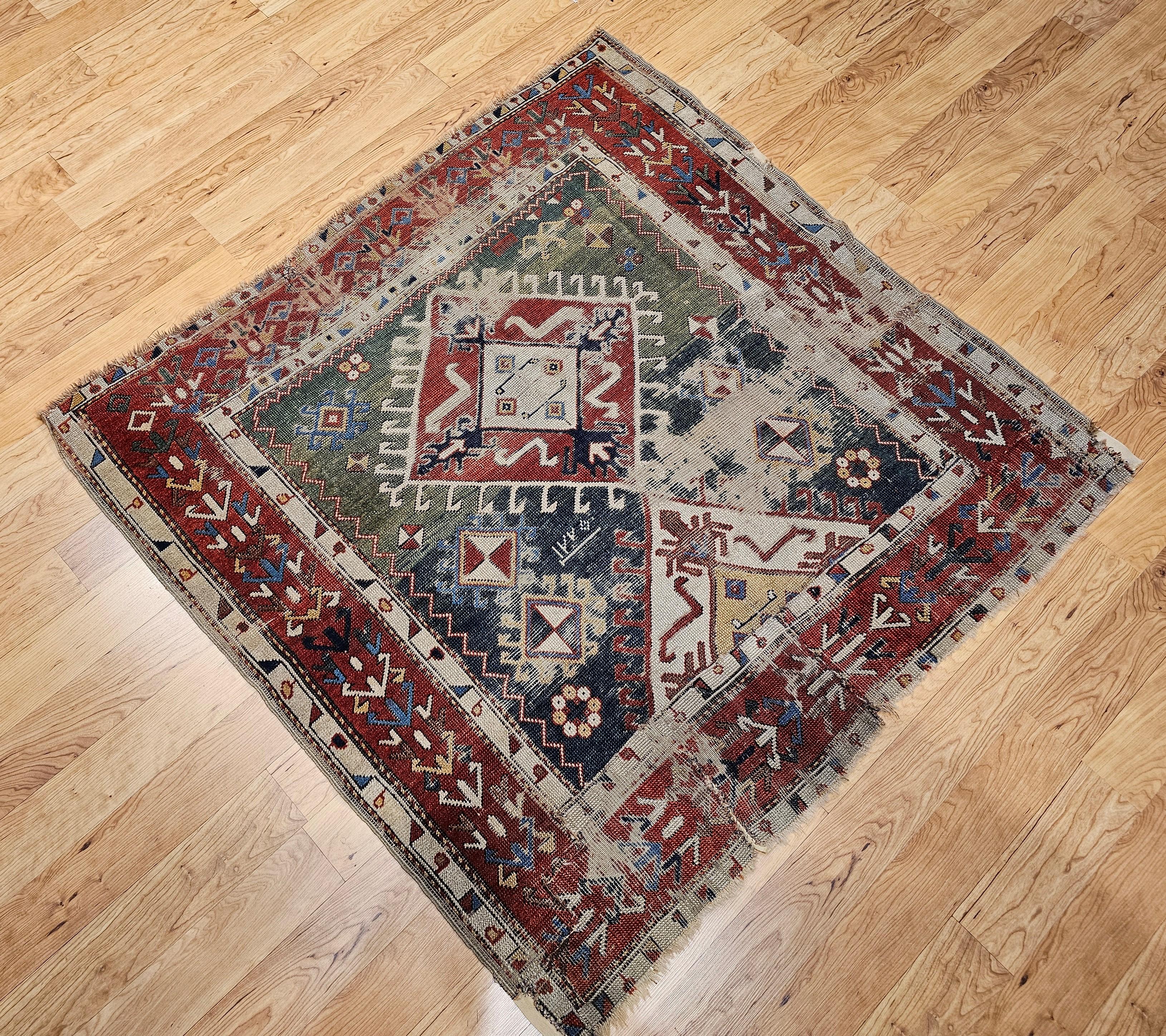 Early 1800s Square Size Caucasian Shirvan Rug in Green, Yellow, Blue, Red, Ivory For Sale 8