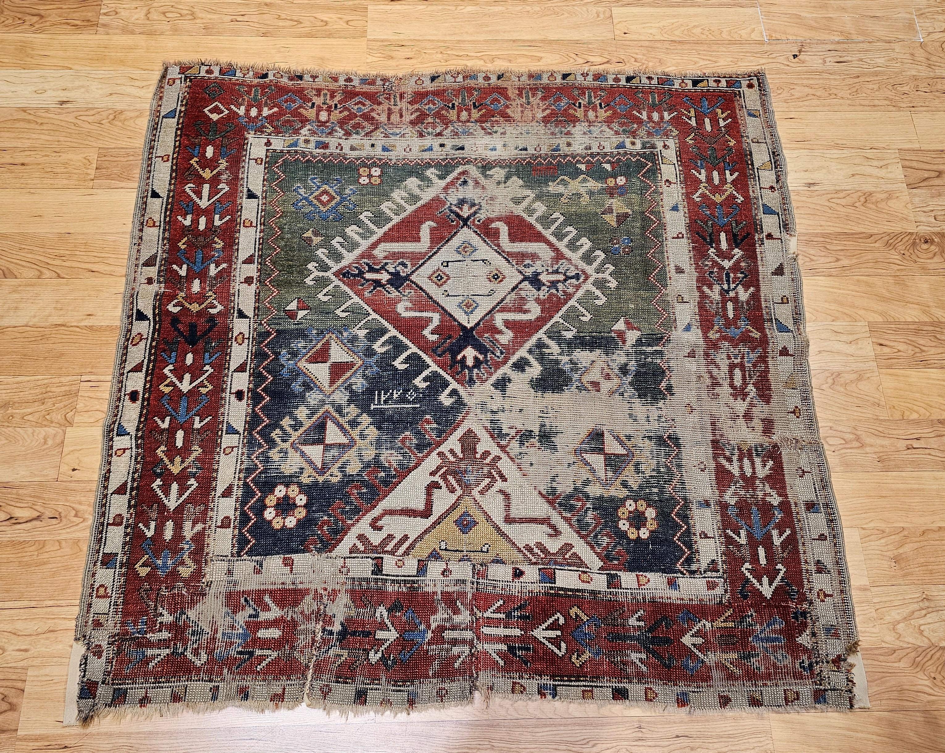 Early 1800s Square Size Caucasian Shirvan Rug in Green, Yellow, Blue, Red, Ivory For Sale 9
