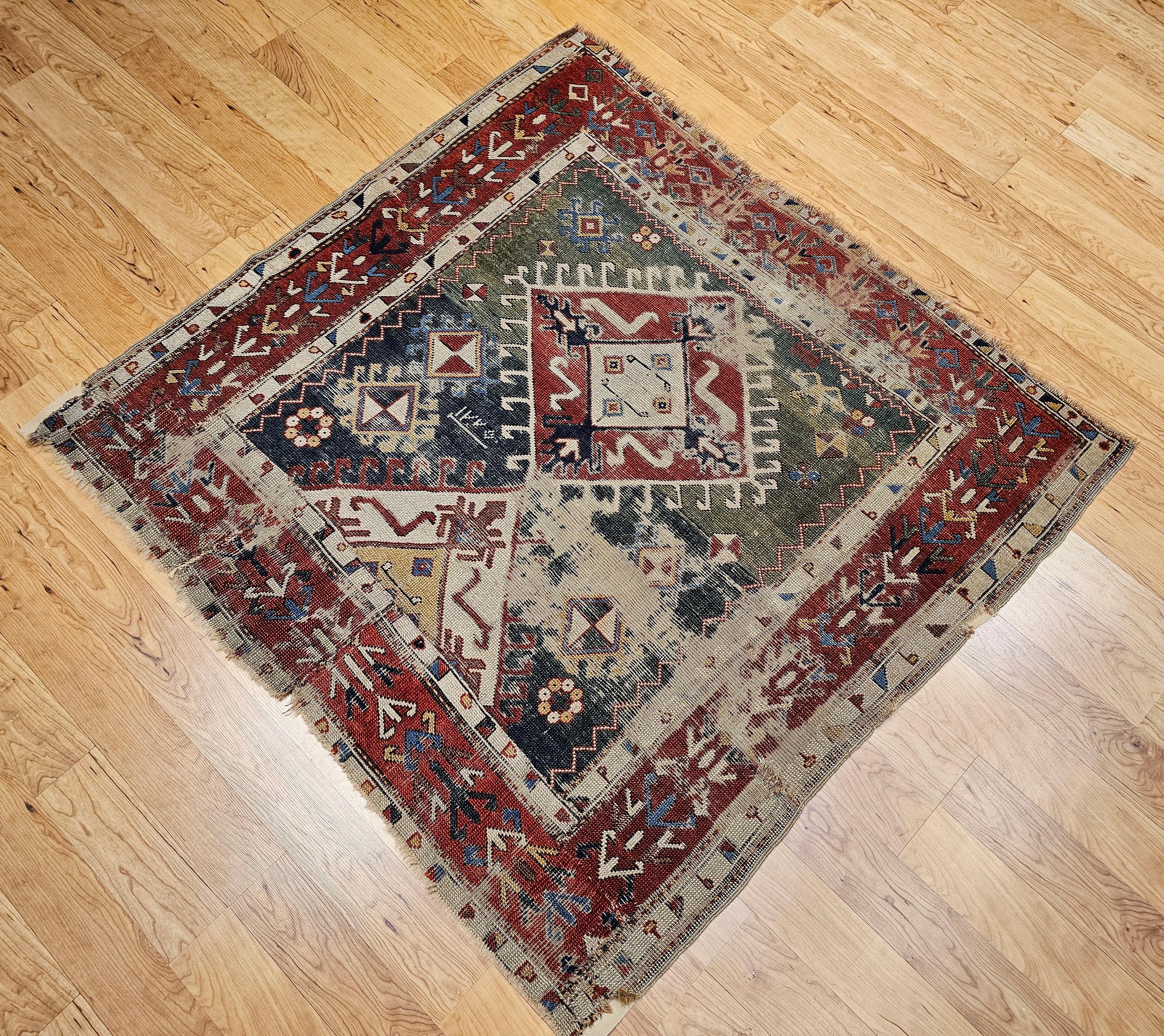 Early 1800s Square Size Caucasian Shirvan Rug in Green, Yellow, Blue, Red, Ivory For Sale 10