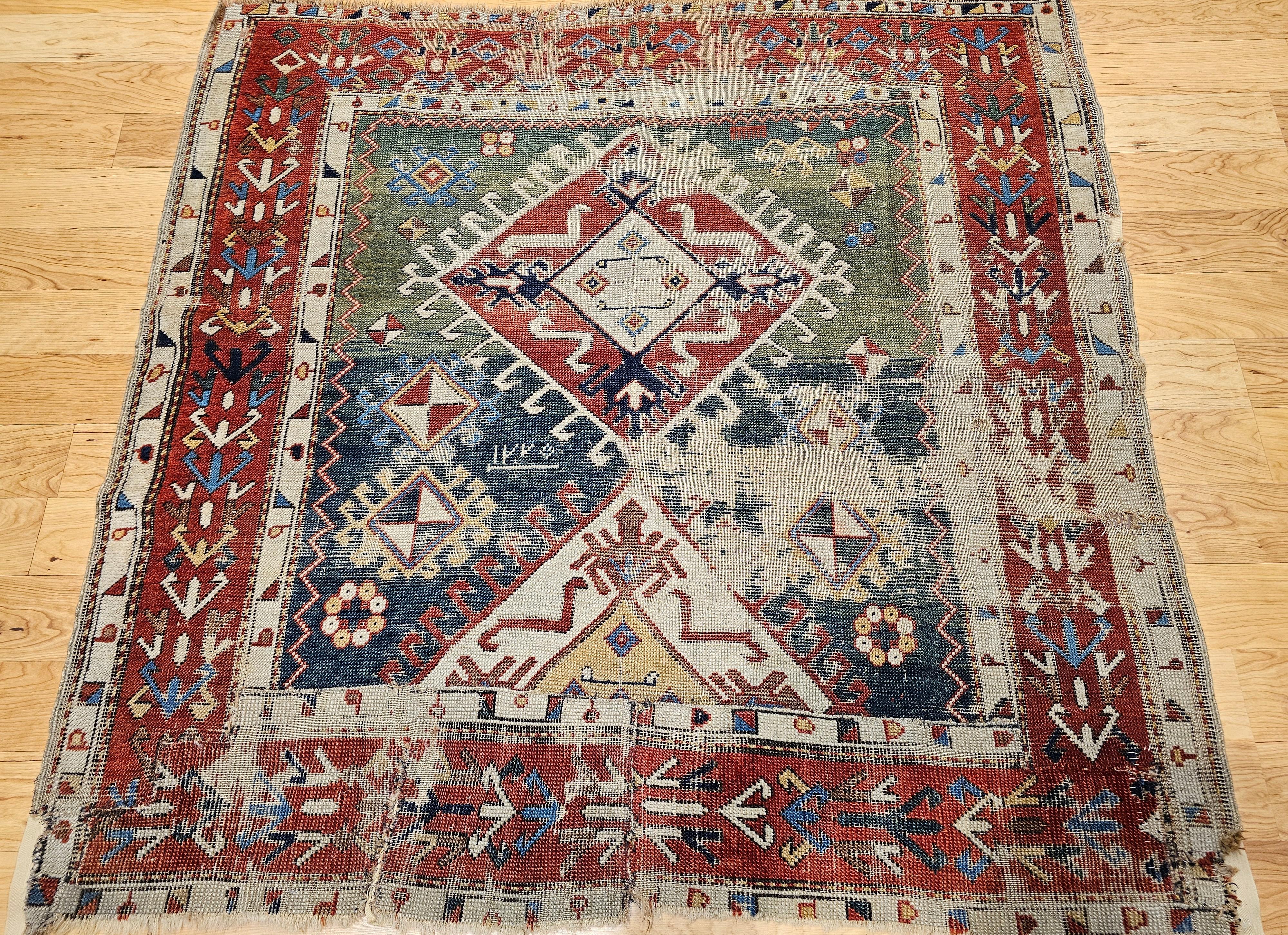 Early 1800s Square Size Caucasian Shirvan Rug in Green, Yellow, Blue, Red, Ivory For Sale 11