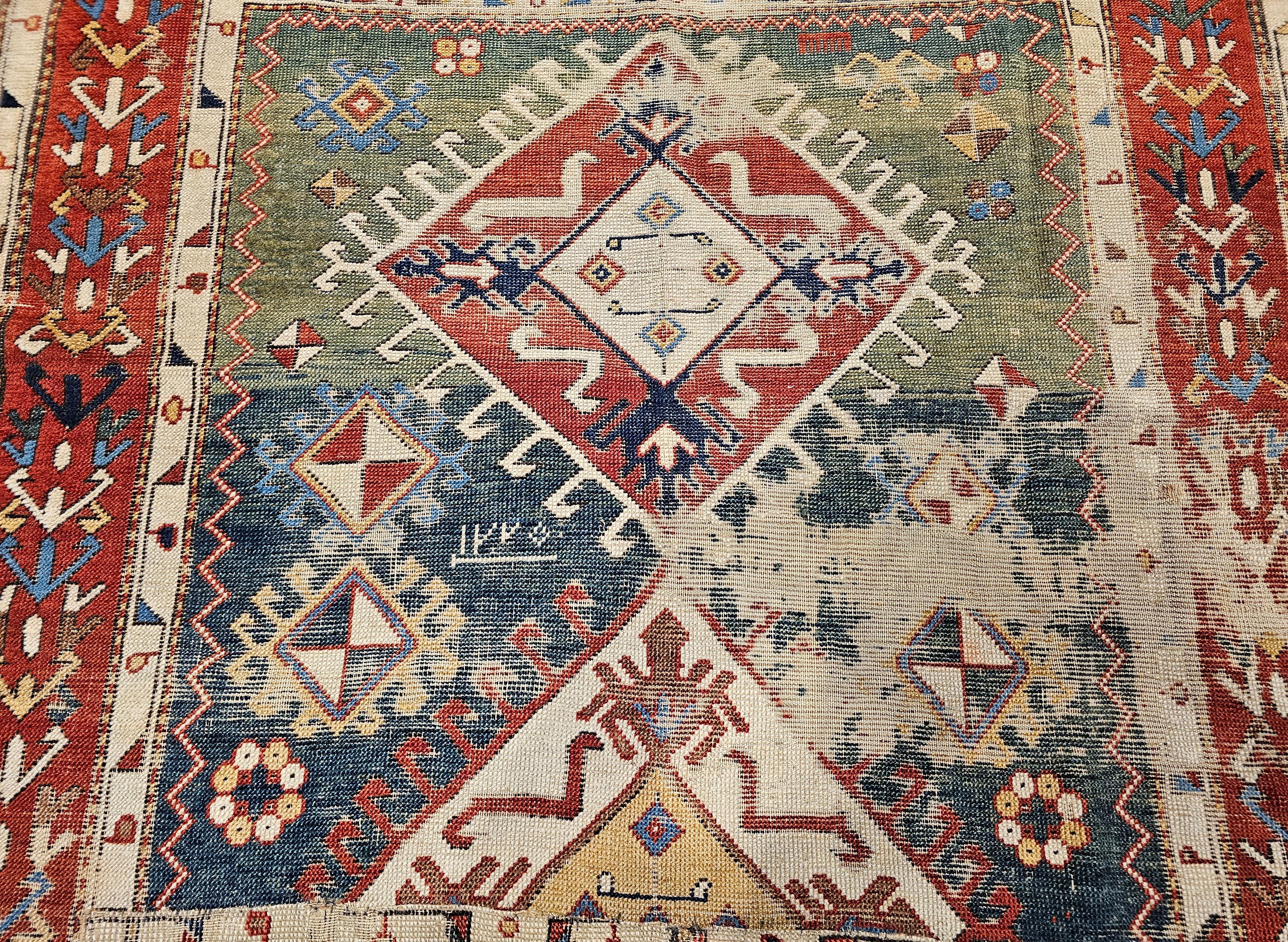 Early 1800s Square Size Caucasian Shirvan Rug in Green, Yellow, Blue, Red, Ivory For Sale 12