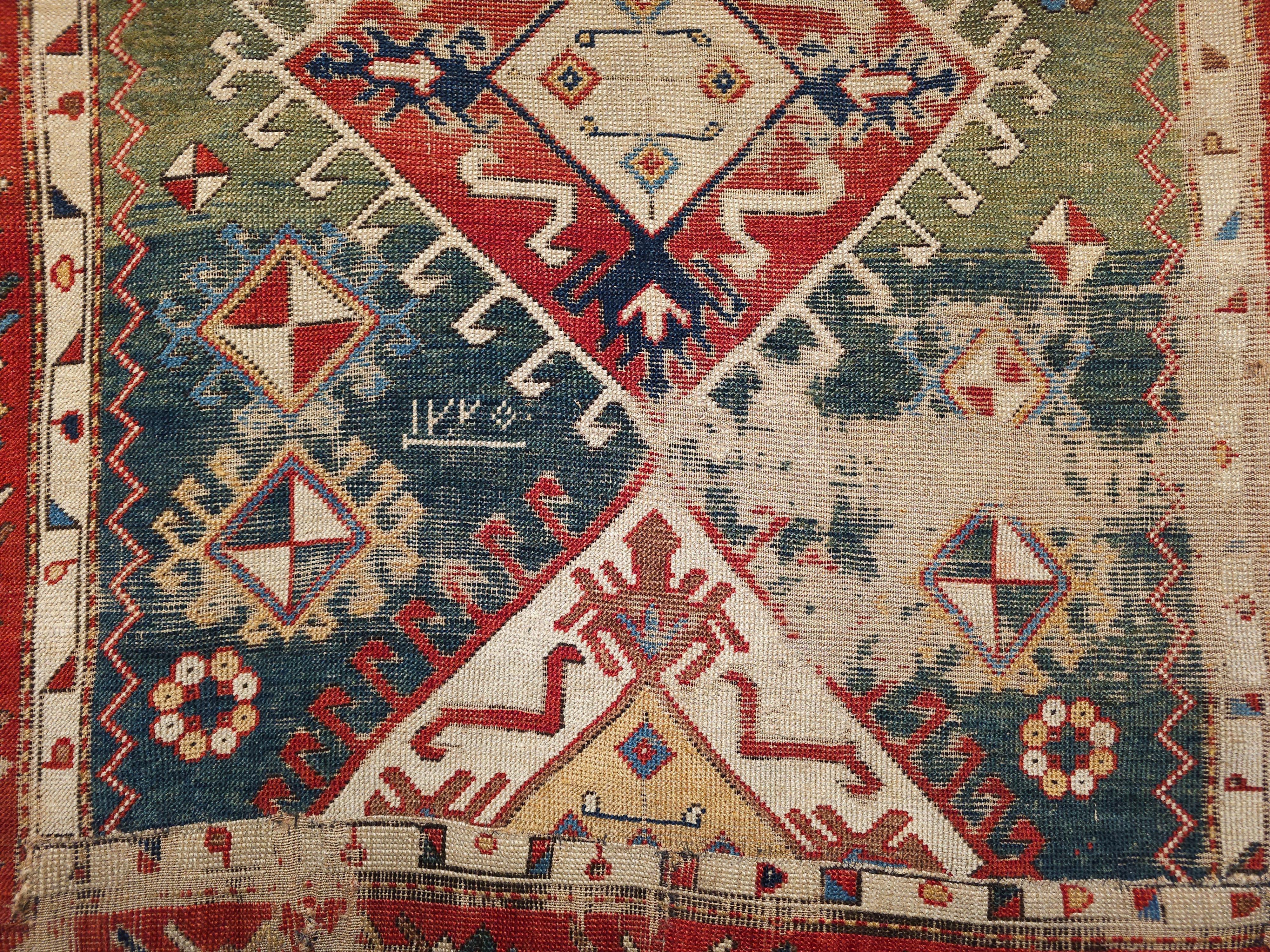 19th Century Early 1800s Square Size Caucasian Shirvan Rug in Green, Yellow, Blue, Red, Ivory For Sale