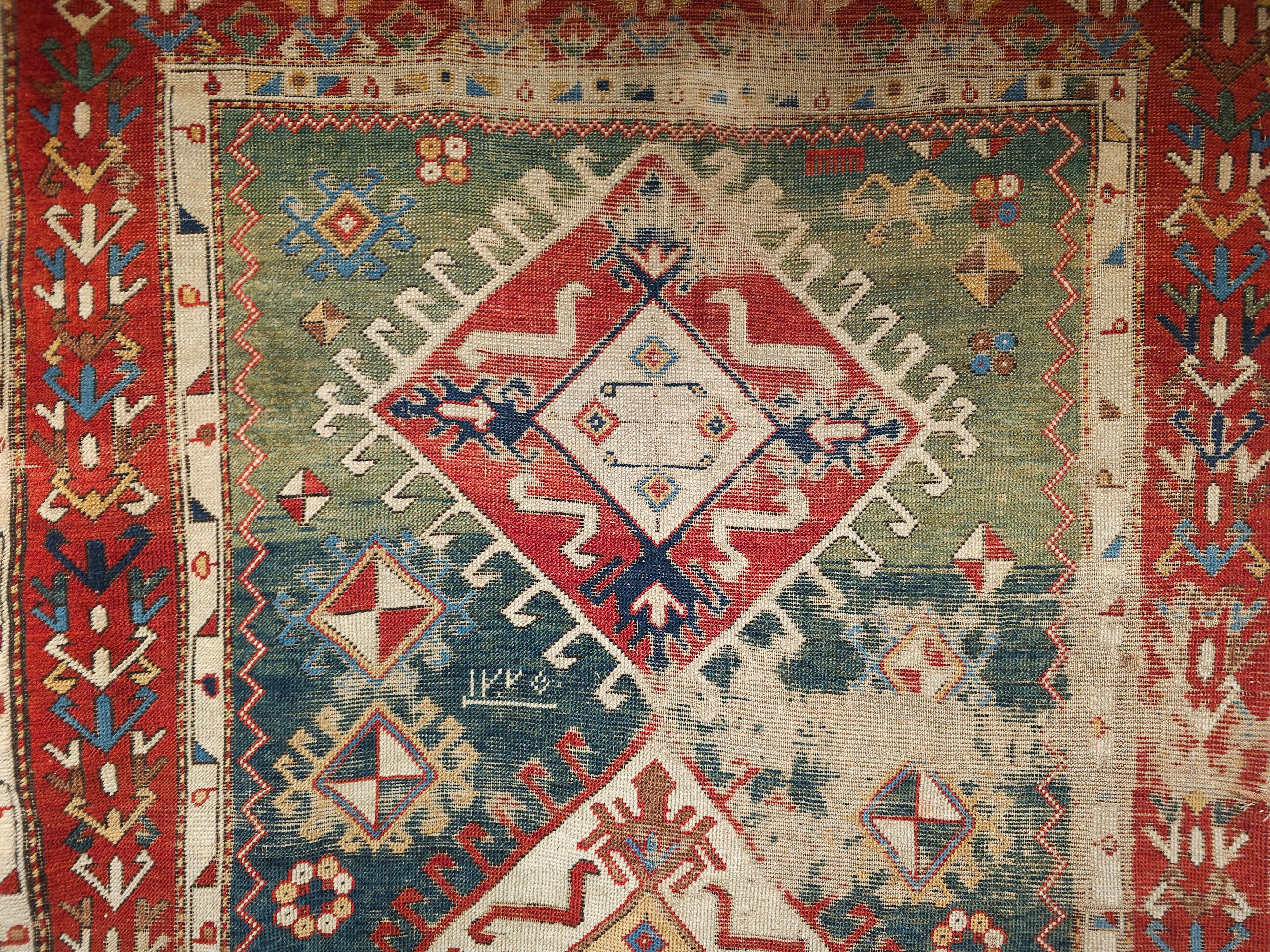 Wool Early 1800s Square Size Caucasian Shirvan Rug in Green, Yellow, Blue, Red, Ivory For Sale