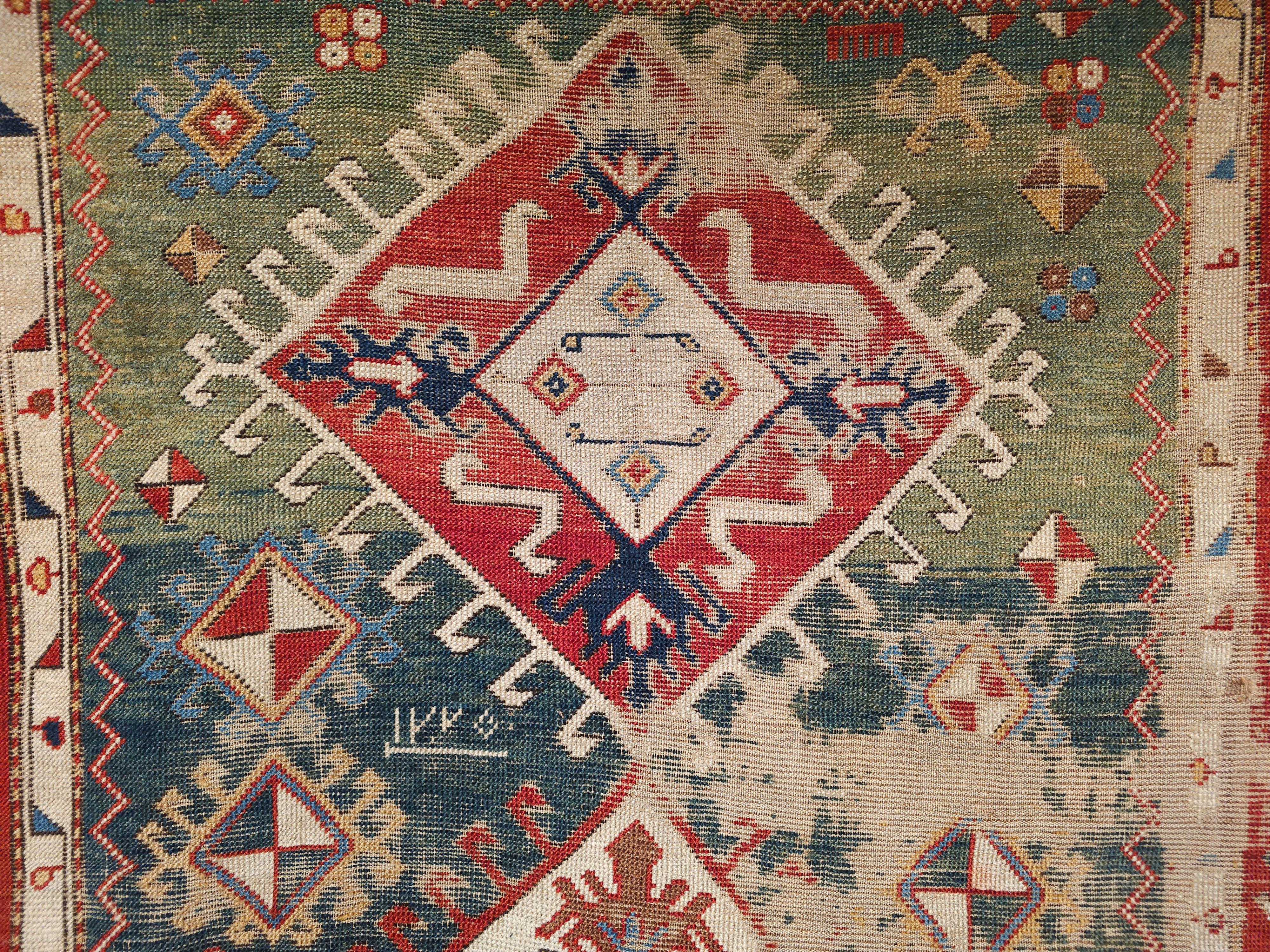 Early 1800s Square Size Caucasian Shirvan Rug in Green, Yellow, Blue, Red, Ivory For Sale 1