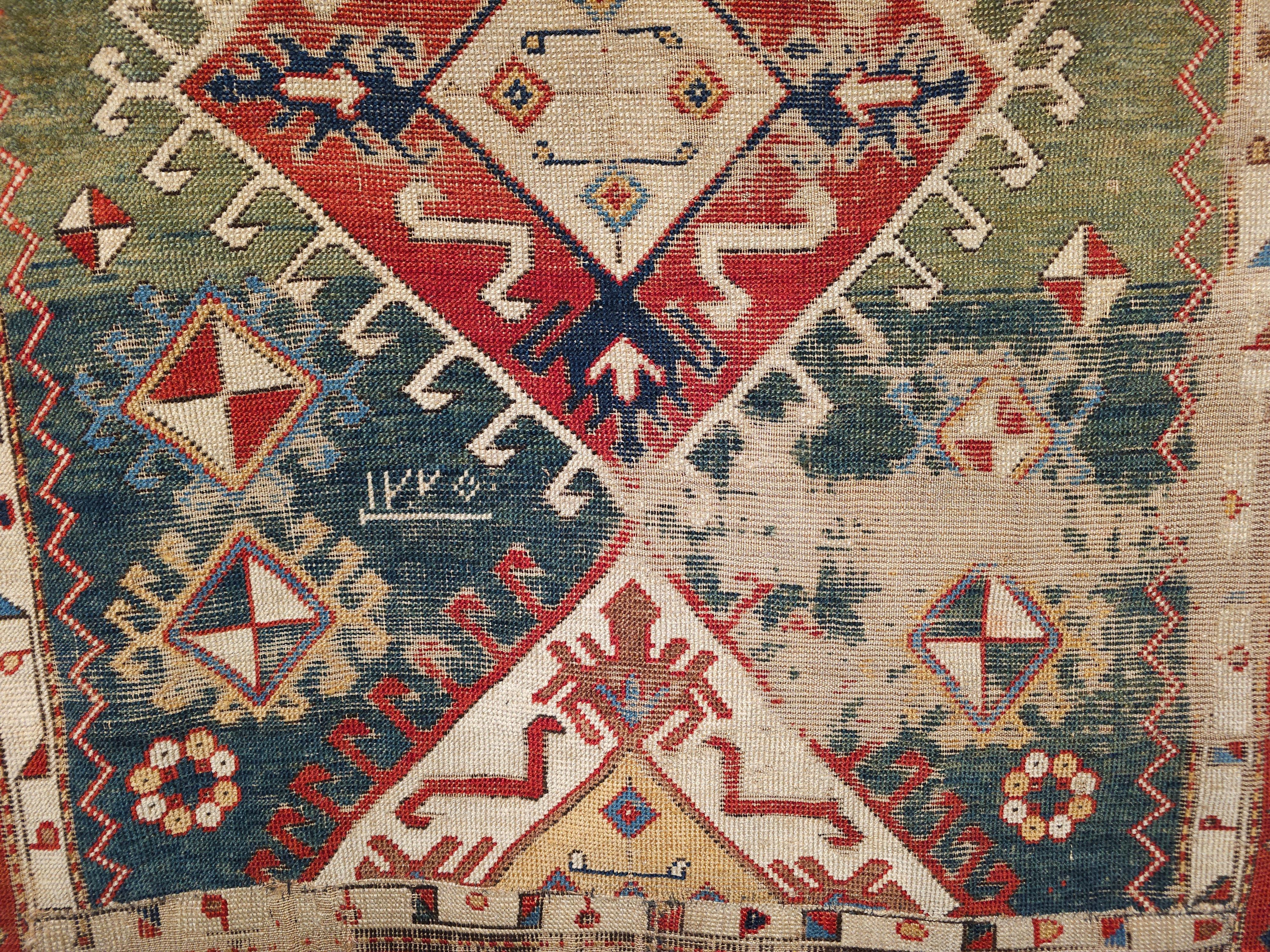 Early 1800s Square Size Caucasian Shirvan Rug in Green, Yellow, Blue, Red, Ivory For Sale 2