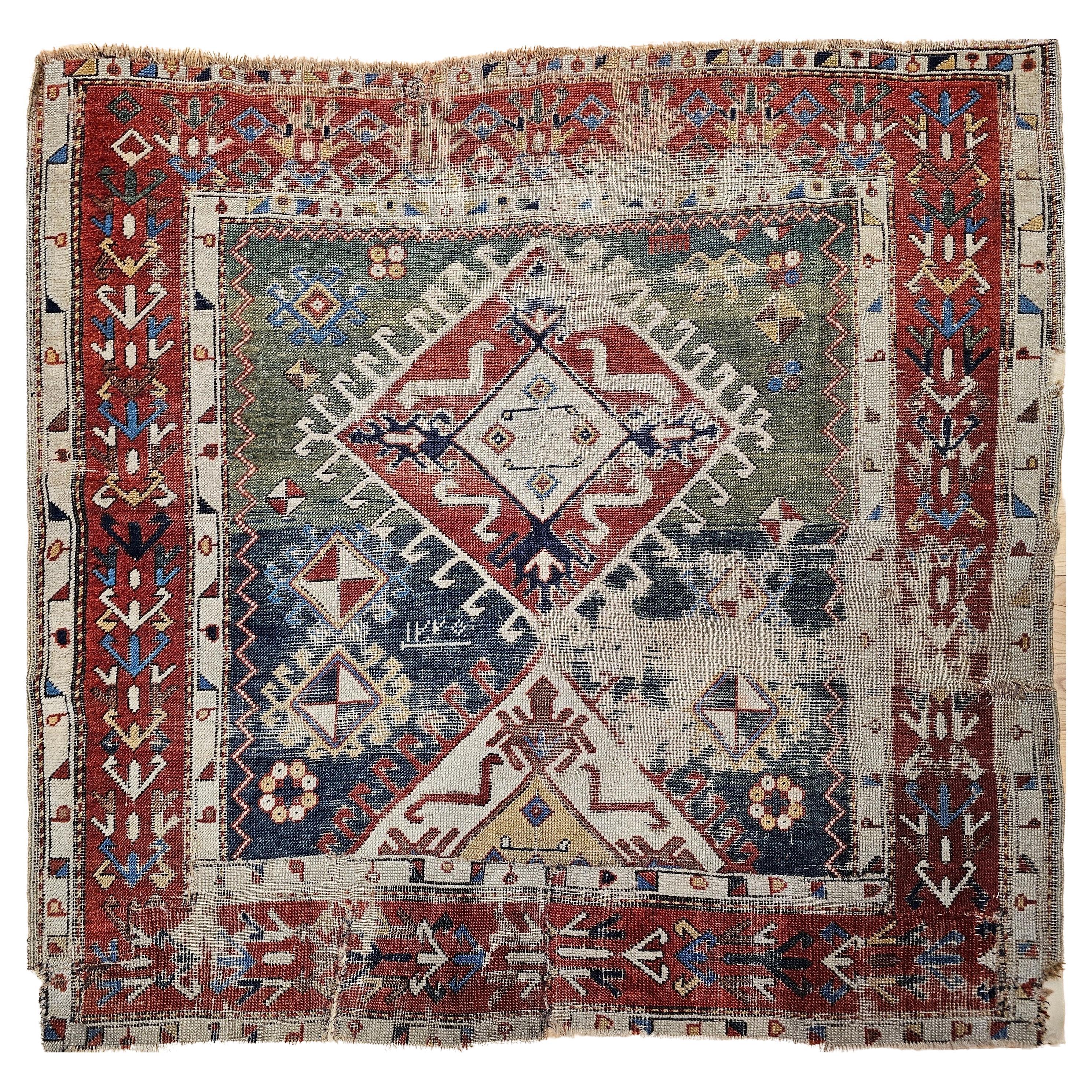Early 1800s Square Size Caucasian Shirvan Rug in Green, Yellow, Blue, Red, Ivory For Sale