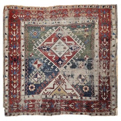 Antique Early 1800s Square Size Caucasian Shirvan Rug in Green, Yellow, Blue, Red, Ivory