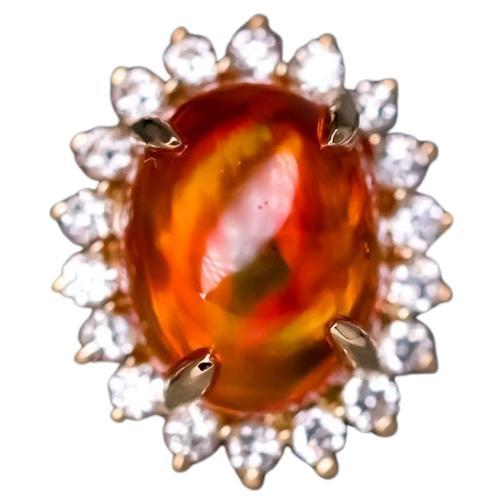Extremely Rare Deep Red Cabochon Fire Opal Halo Diamond Engagement Ring ...