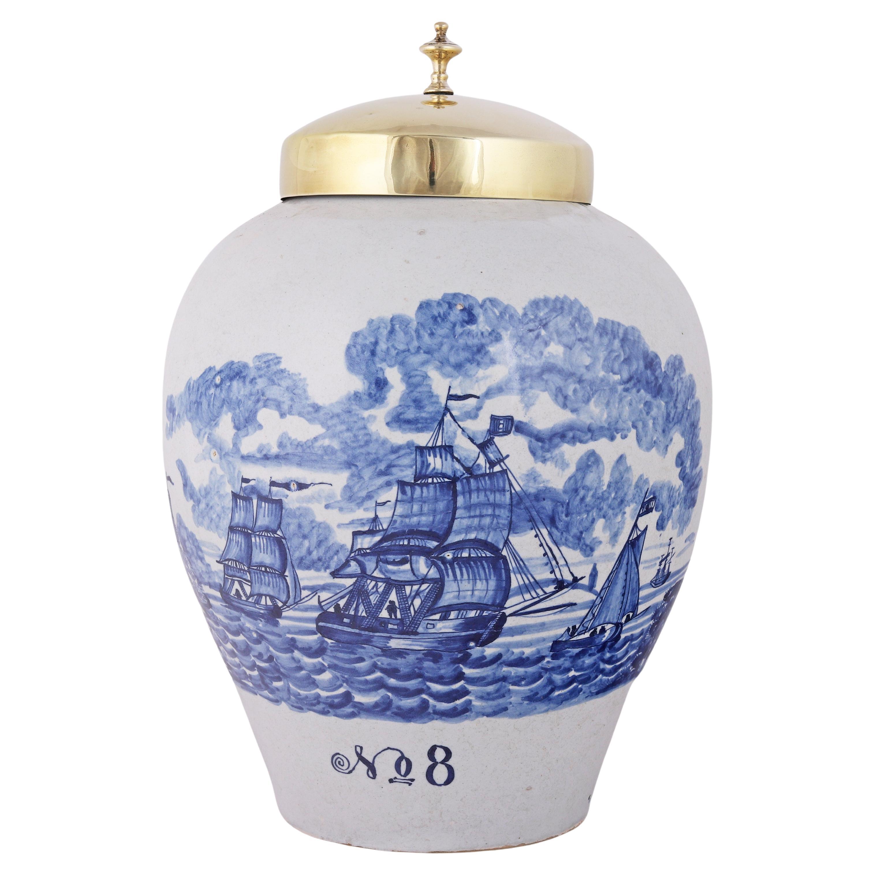 Extremely Rare Dutch Delft Tobacco Jar with Ships and Original Lid, 18th Century