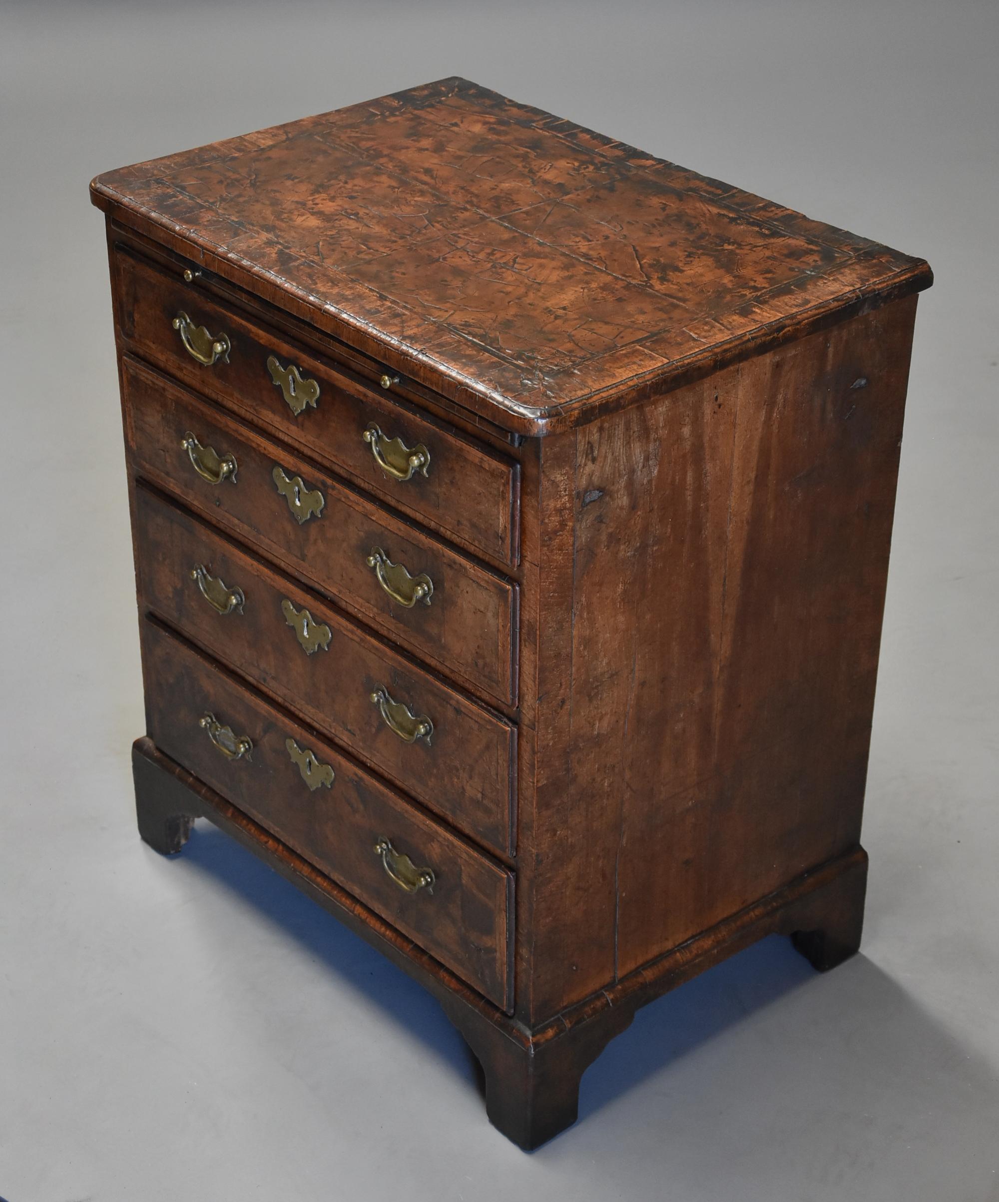 An extremely rare example of an early 18th century (circa 1720) walnut chest of drawers in untouched condition, of superb original patina and of small proportions.

It is very rare these days to come across such an untouched piece of 18th century