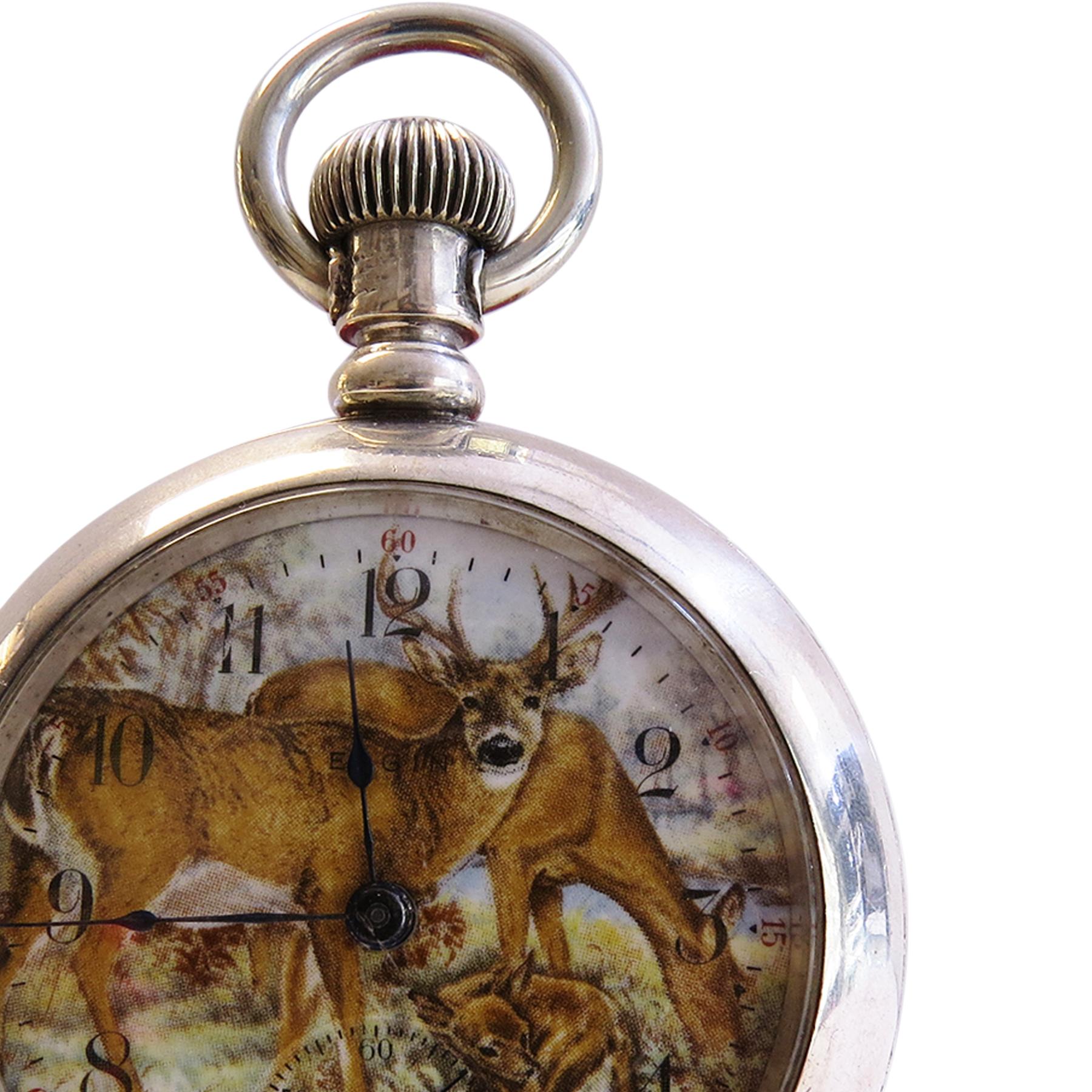 Extremely Rare Elgin Silver Pocket Watch Deer Printed Dial