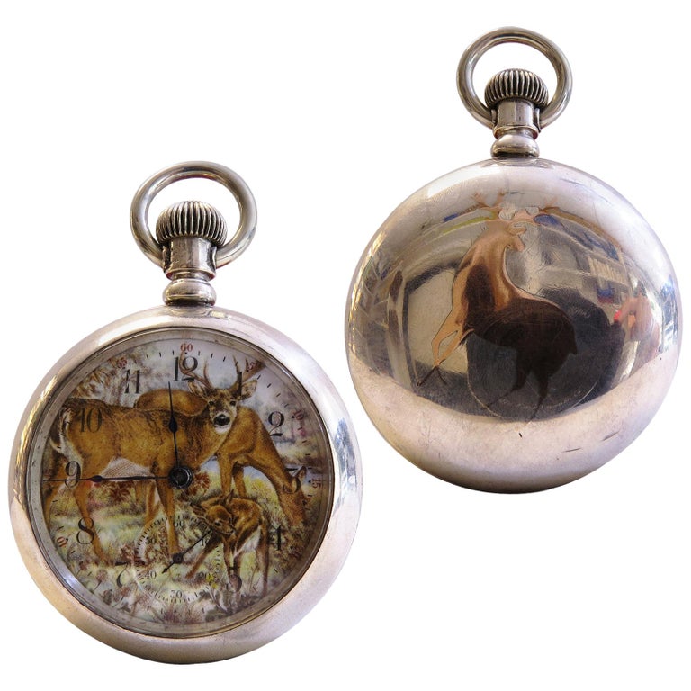 Extremely Rare Elgin Silver Pocket Watch Deer Printed Dial at 1stDibs